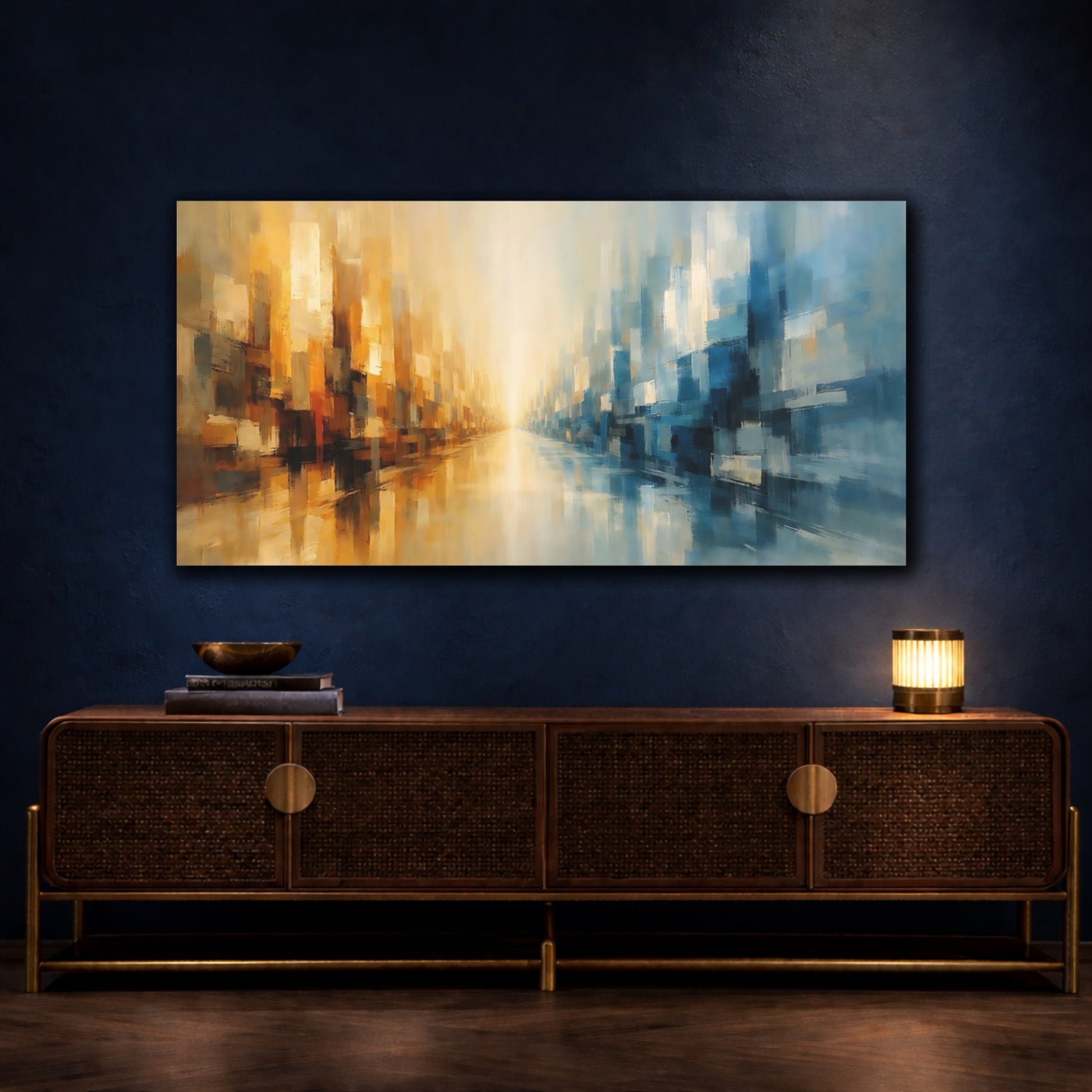 Mockup 4. Abstract Abstract Cityscape Blue And Gold Abstract shown as stretched canvas wall art
