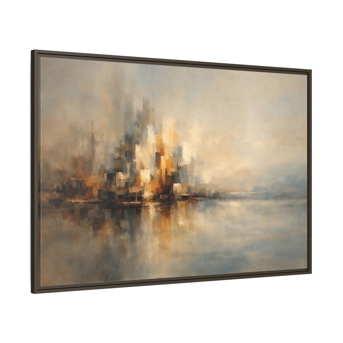 Main Mockup. Abstract Abstract Cityscape Brown And Gold Abstract shown as stretched canvas wall art