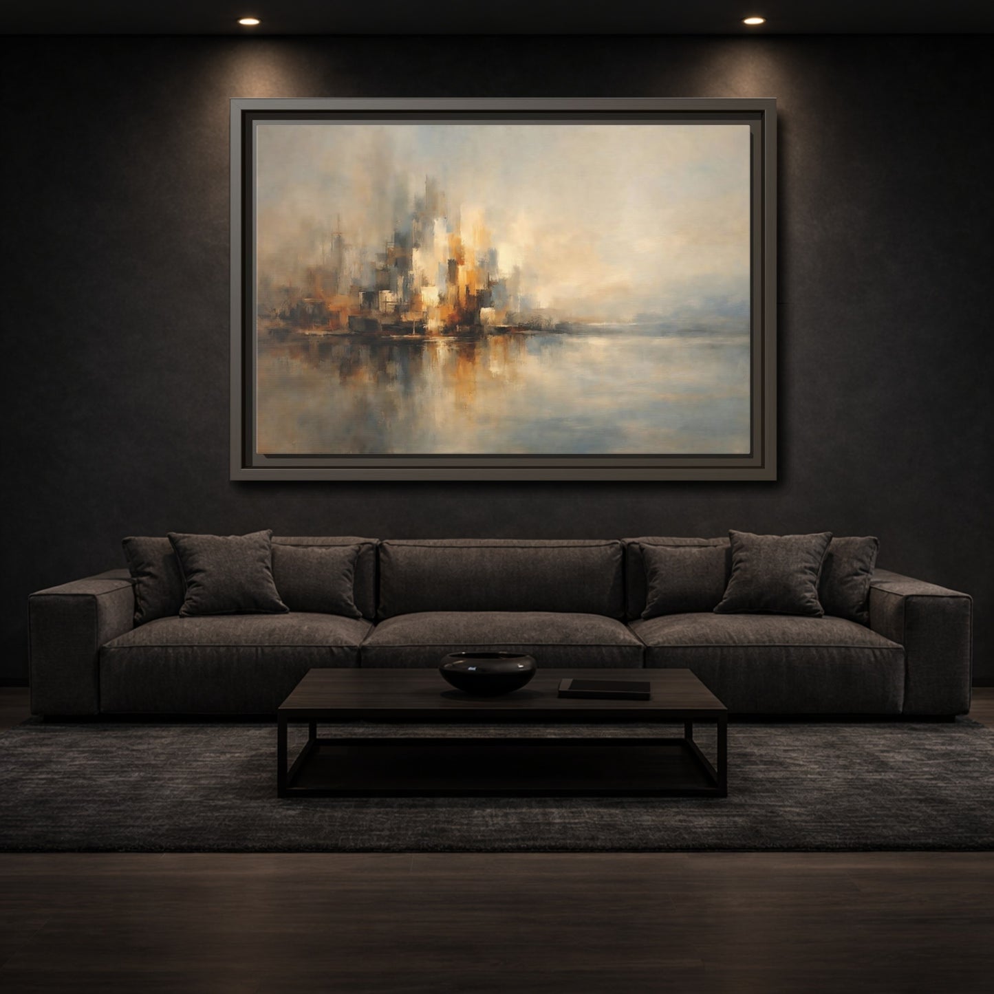 Mockup 2. Abstract Abstract Cityscape Brown And Gold Abstract shown as stretched canvas wall art