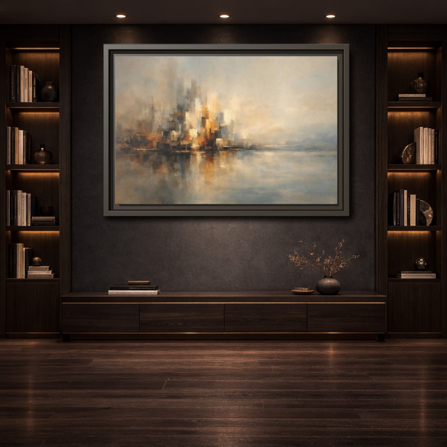 Mockup 3. Abstract Abstract Cityscape Brown And Gold Abstract shown as stretched canvas wall art