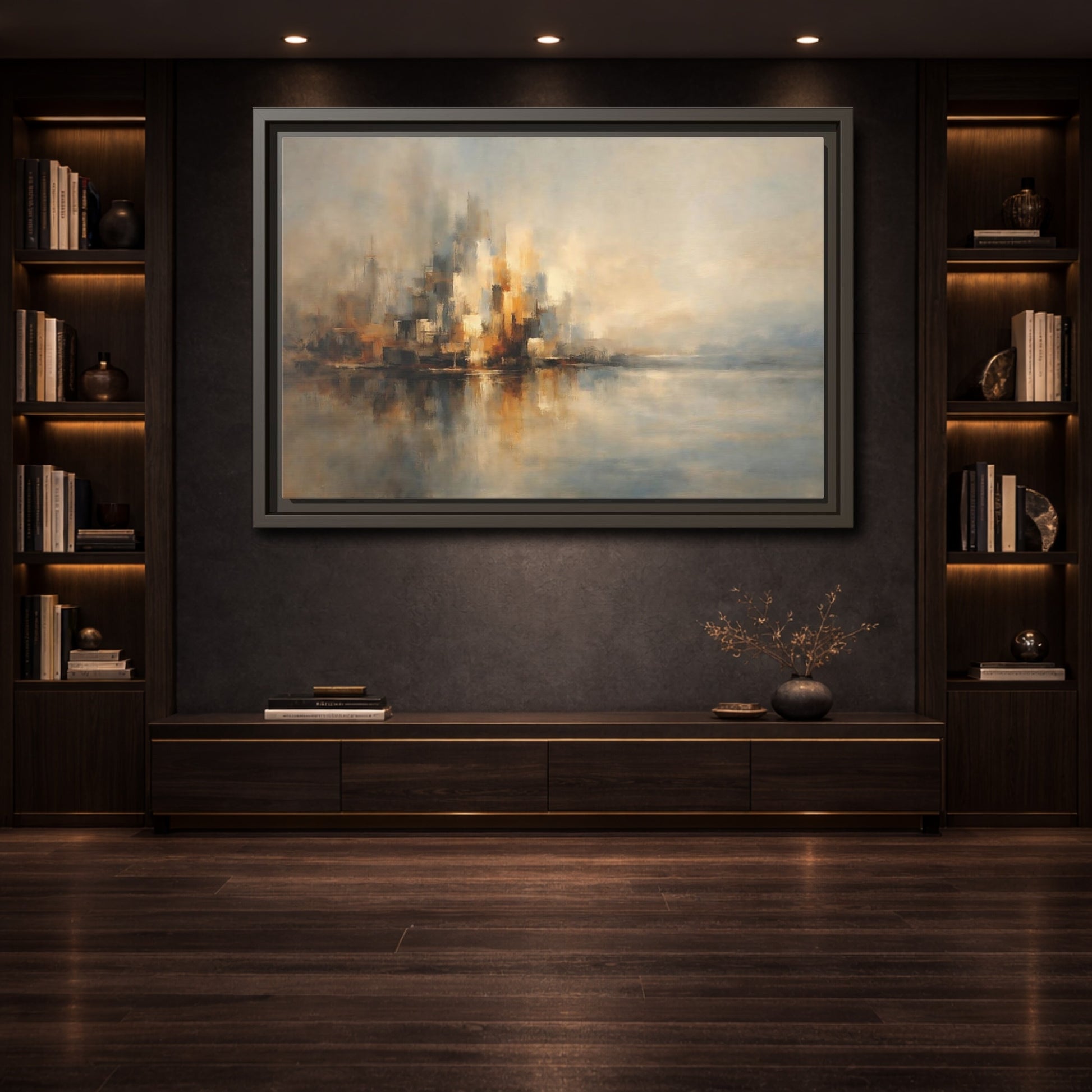 Mockup 3. Abstract Abstract Cityscape Brown And Gold Abstract shown as stretched canvas wall art