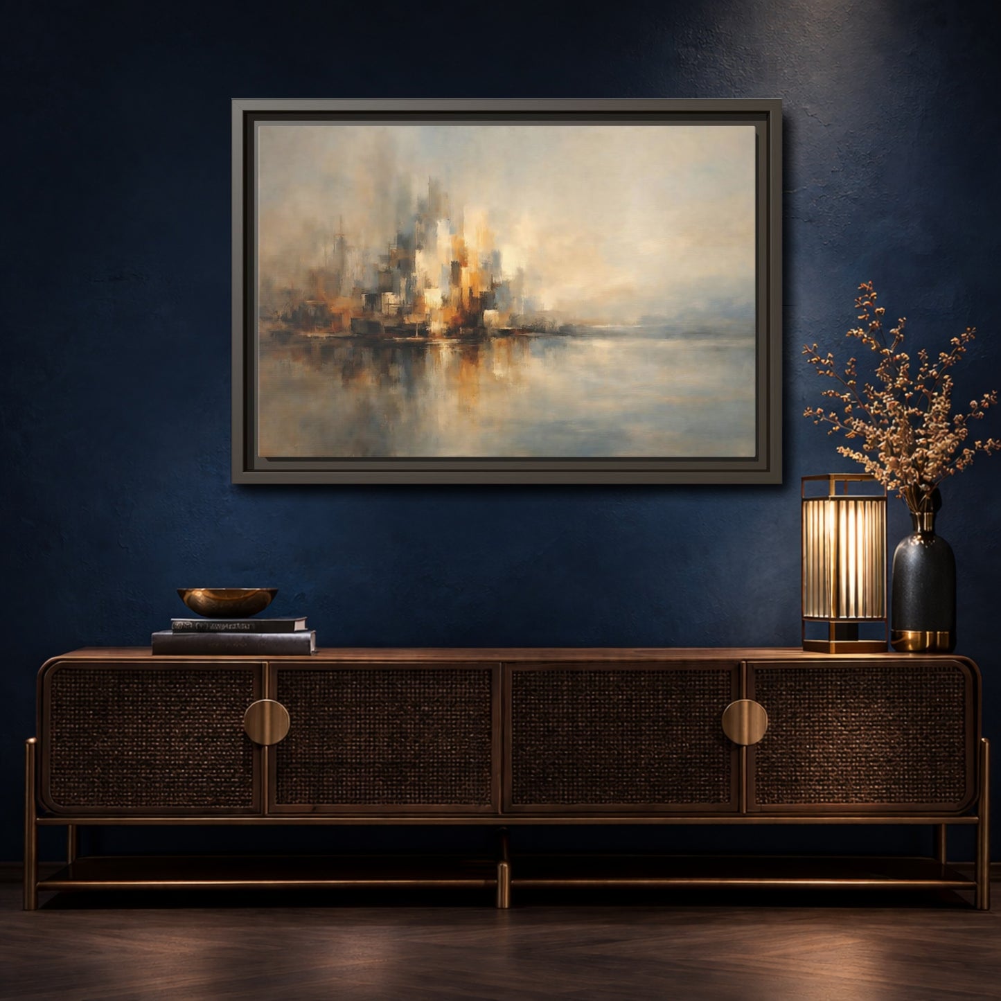 Mockup 4. Abstract Abstract Cityscape Brown And Gold Abstract shown as stretched canvas wall art