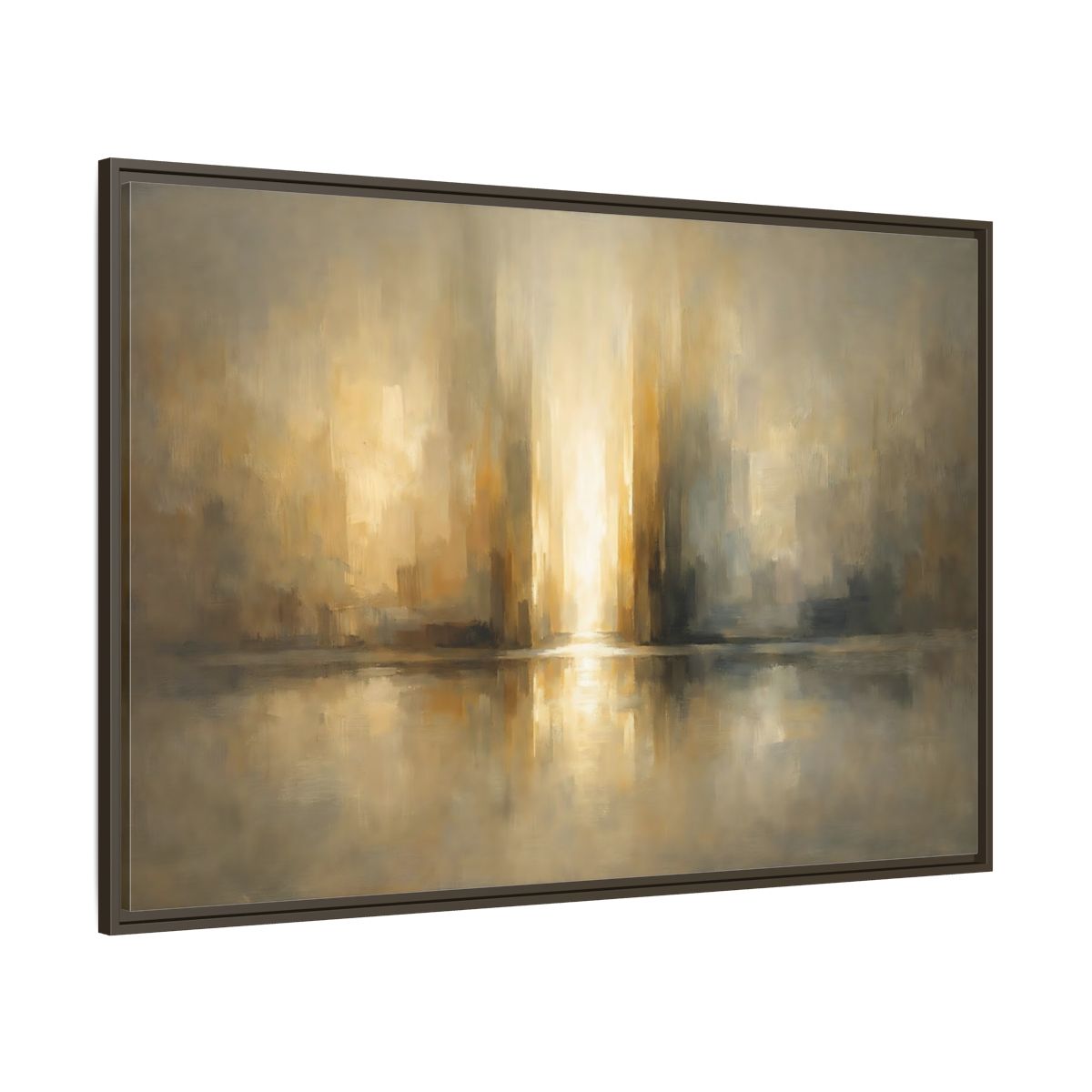 Main Mockup. Abstract Abstract Cityscape Gold And Gray shown as stretched canvas wall art