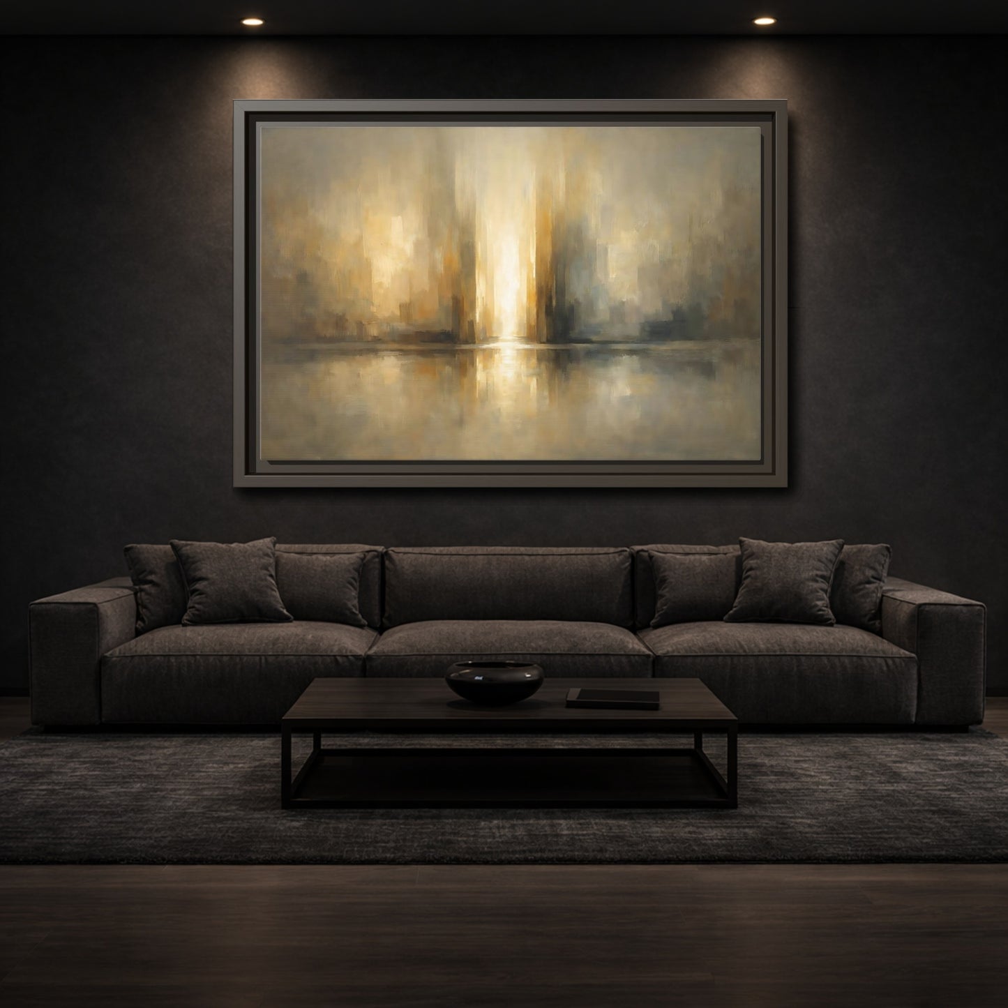 Mockup 2. Abstract Abstract Cityscape Gold And Gray shown as stretched canvas wall art