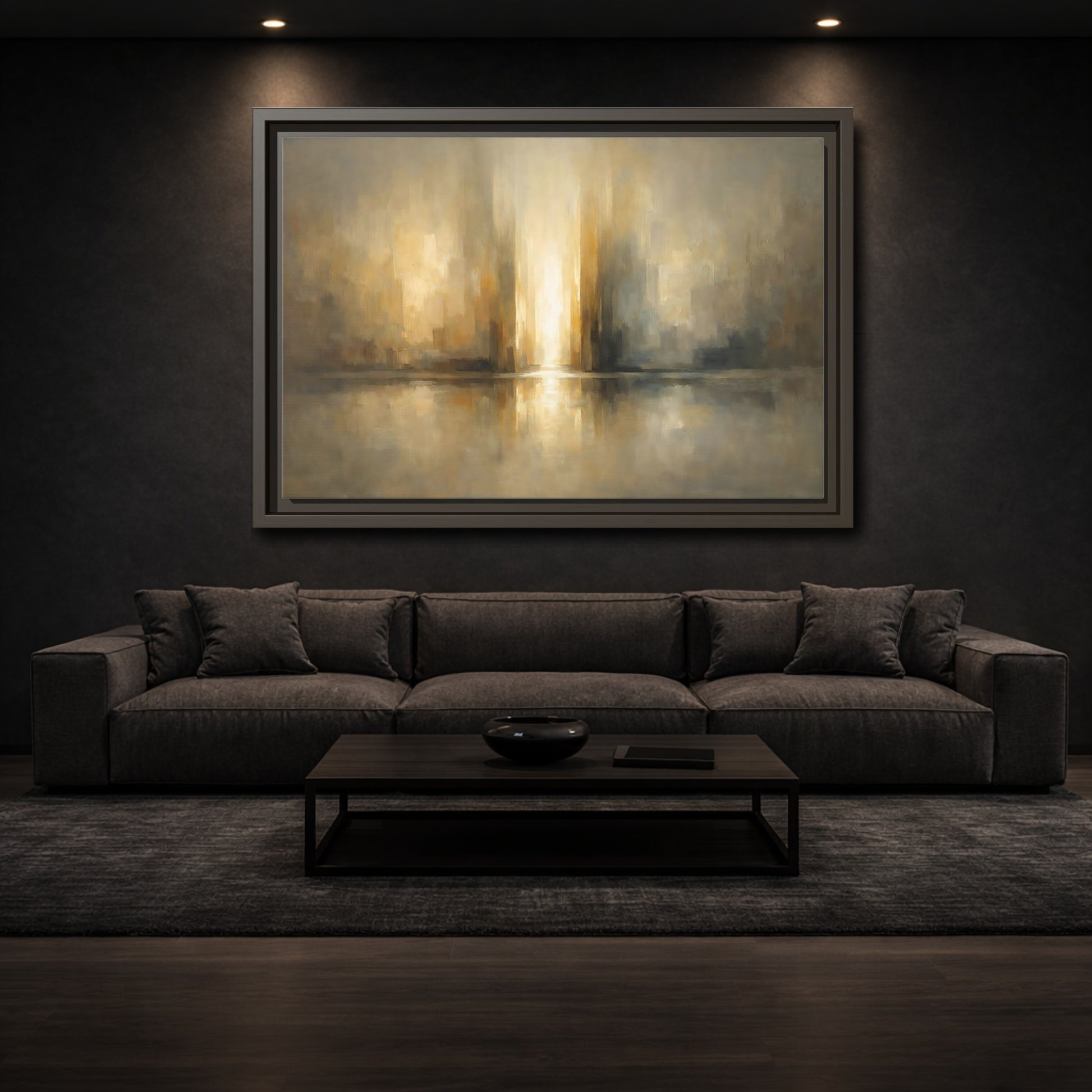 Mockup 2. Abstract Abstract Cityscape Gold And Gray shown as stretched canvas wall art