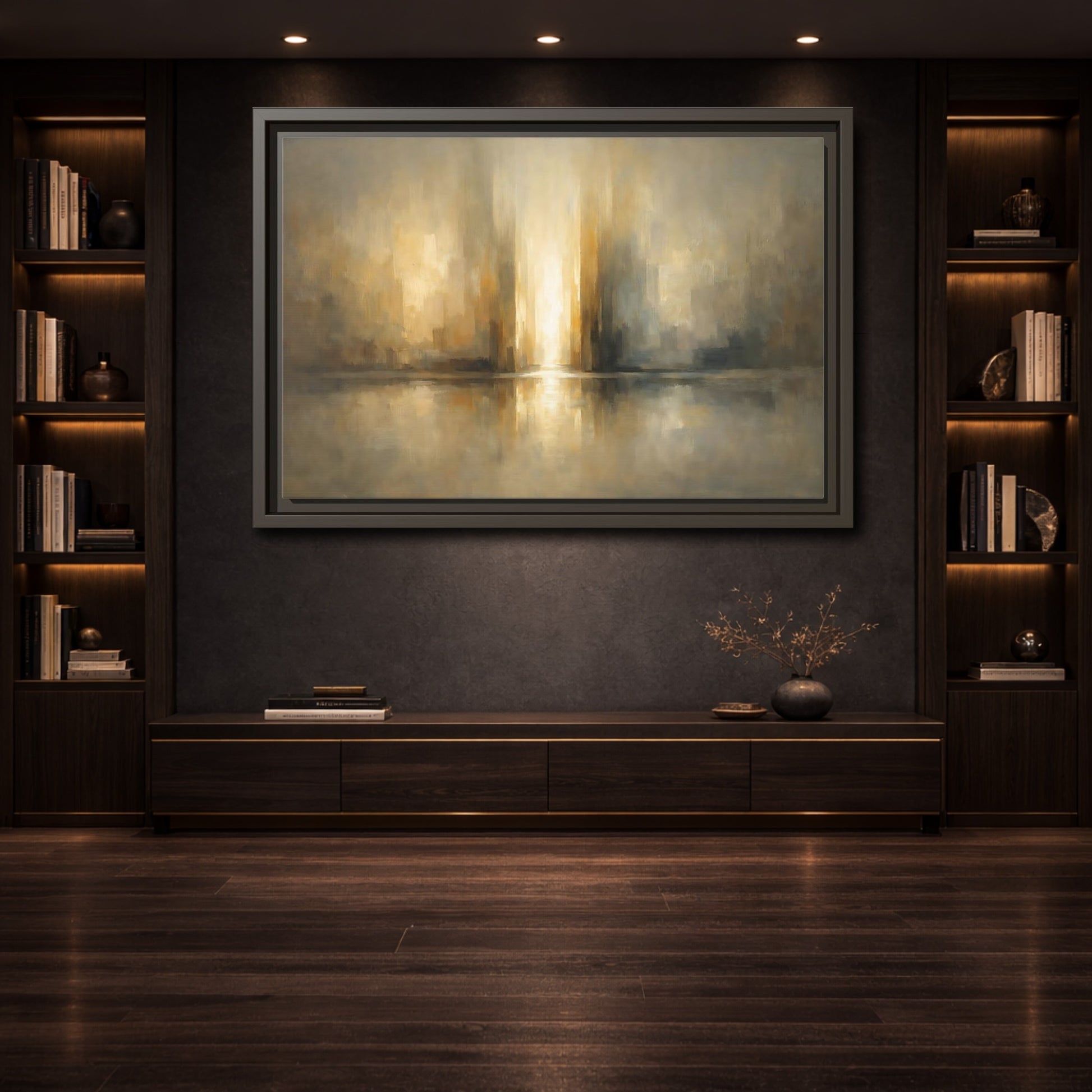 Mockup 3. Abstract Abstract Cityscape Gold And Gray shown as stretched canvas wall art