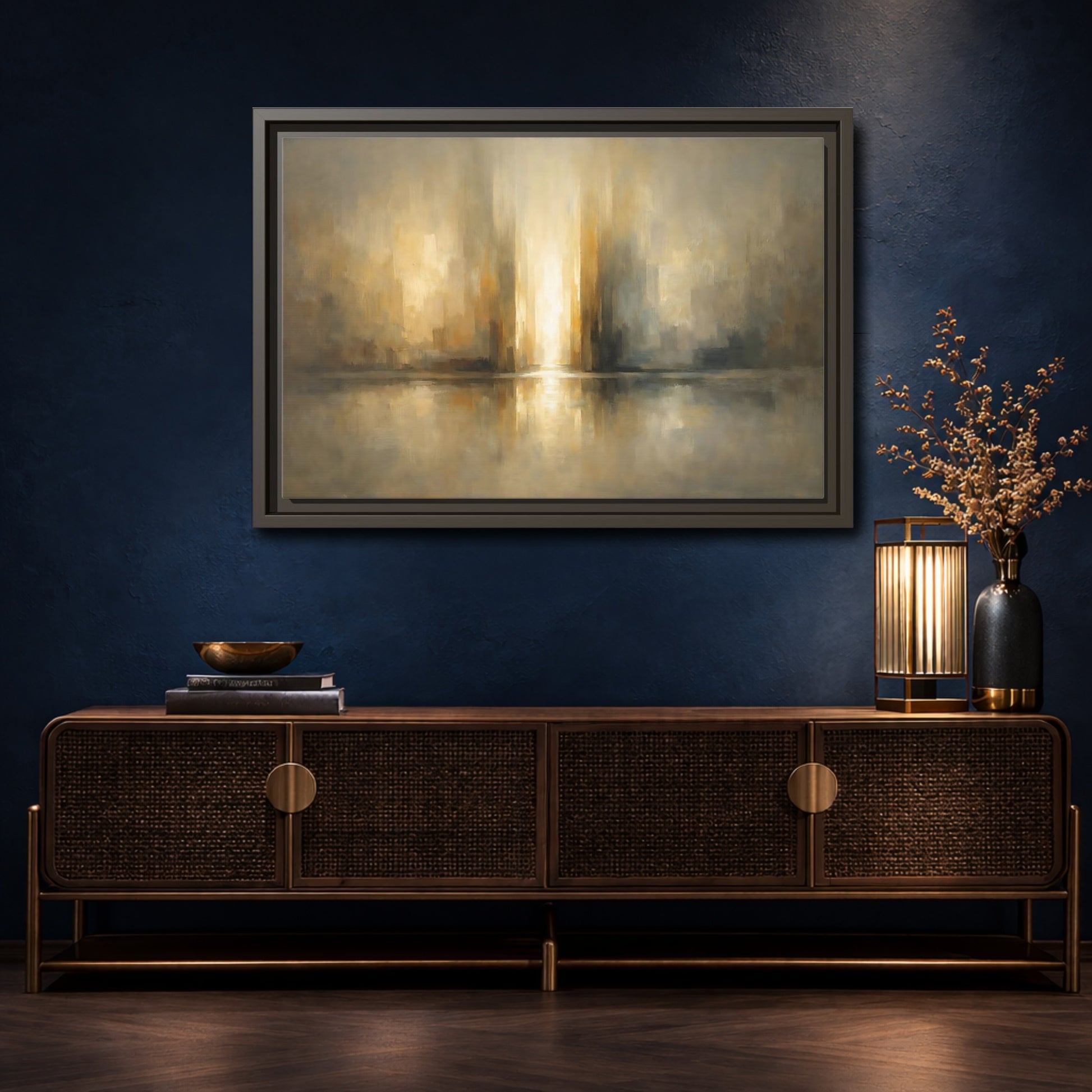 Mockup 4. Abstract Abstract Cityscape Gold And Gray shown as stretched canvas wall art