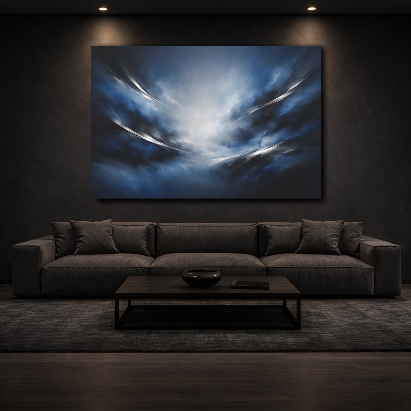 Mockup 2. Abstract Abstract Clouds Blue Abstract shown as stretched canvas wall art
