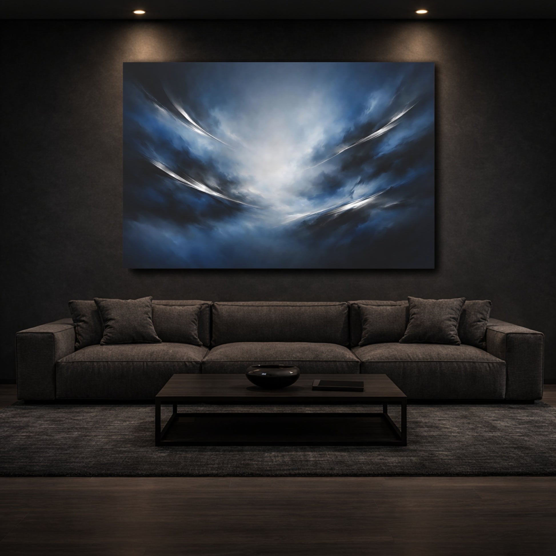 Mockup 2. Abstract Abstract Clouds Blue Abstract shown as stretched canvas wall art
