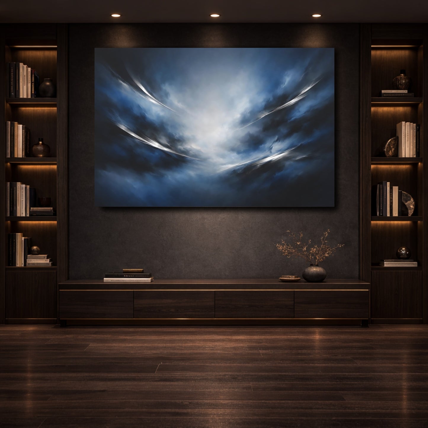 Mockup 3. Abstract Abstract Clouds Blue Abstract shown as stretched canvas wall art