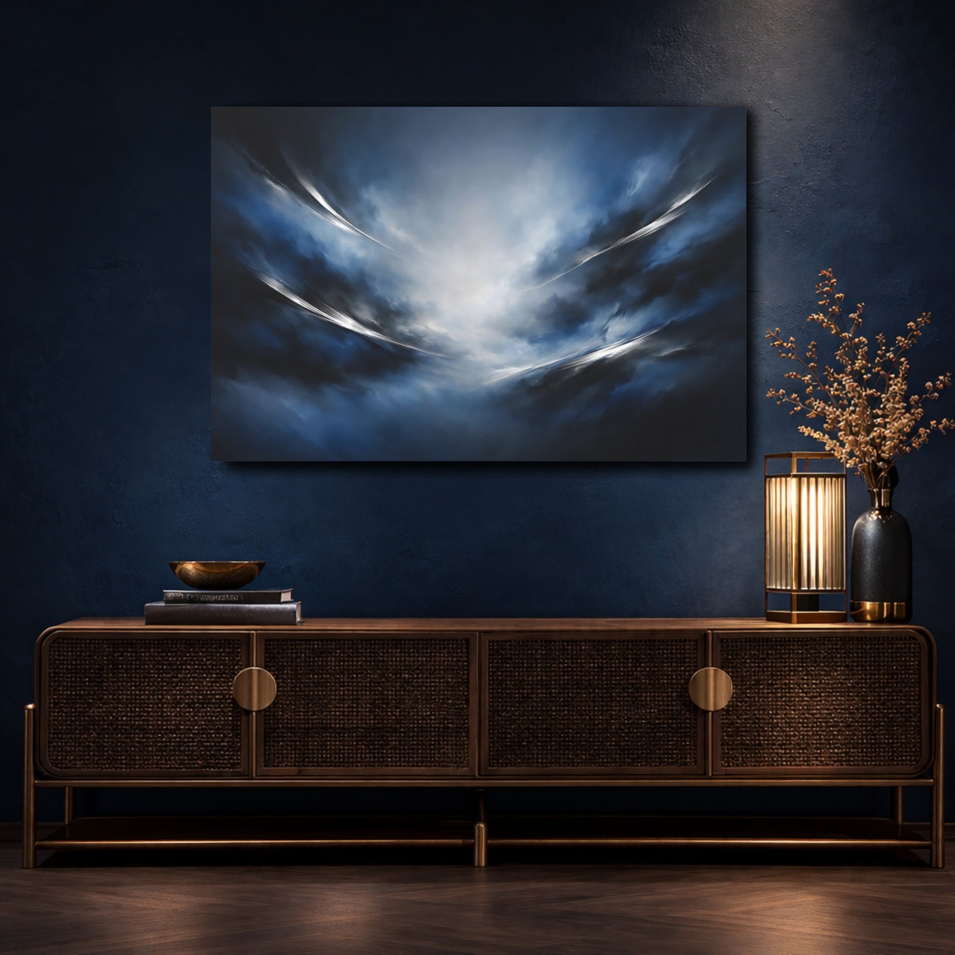 Mockup 4. Abstract Abstract Clouds Blue Abstract shown as stretched canvas wall art