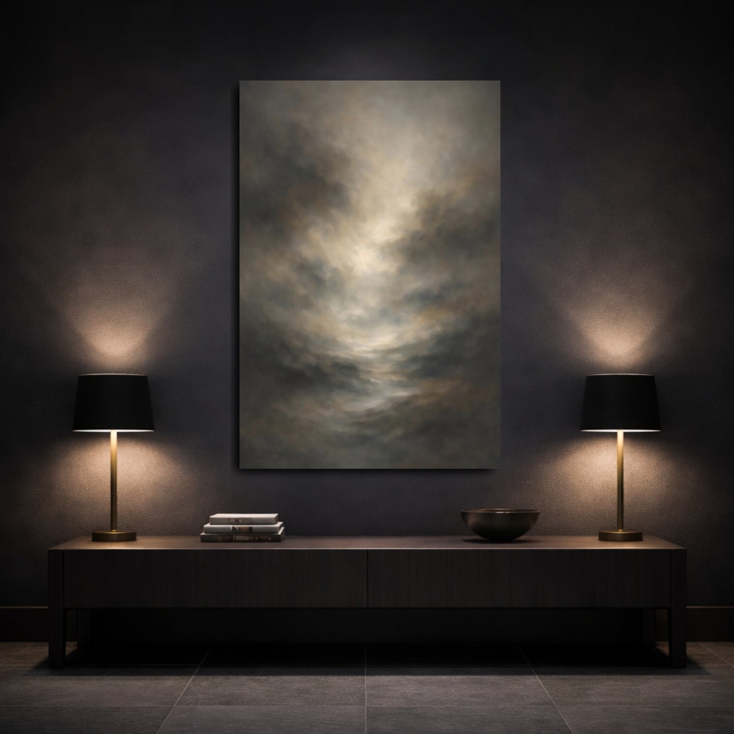 Mockup 2. Abstract Abstract Clouds Brown Gray Abstract shown as stretched canvas wall art