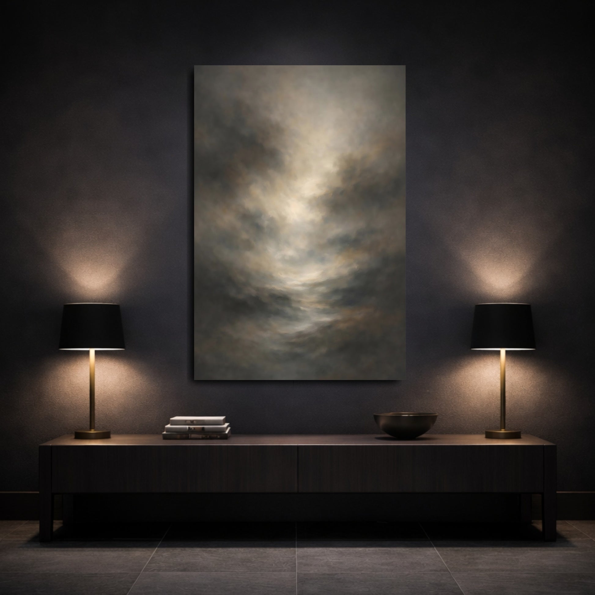 Mockup 2. Abstract Abstract Clouds Brown Gray Abstract shown as stretched canvas wall art