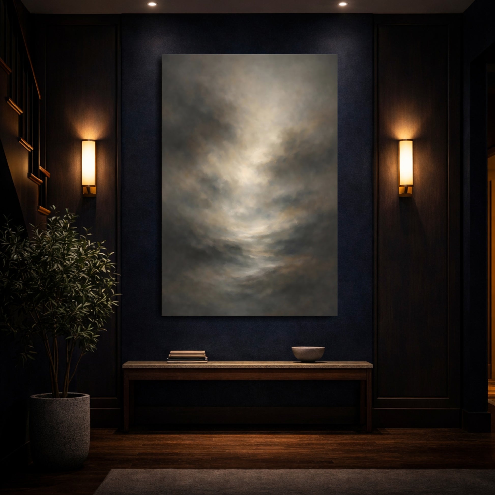 Mockup 3. Abstract Abstract Clouds Brown Gray Abstract shown as stretched canvas wall art