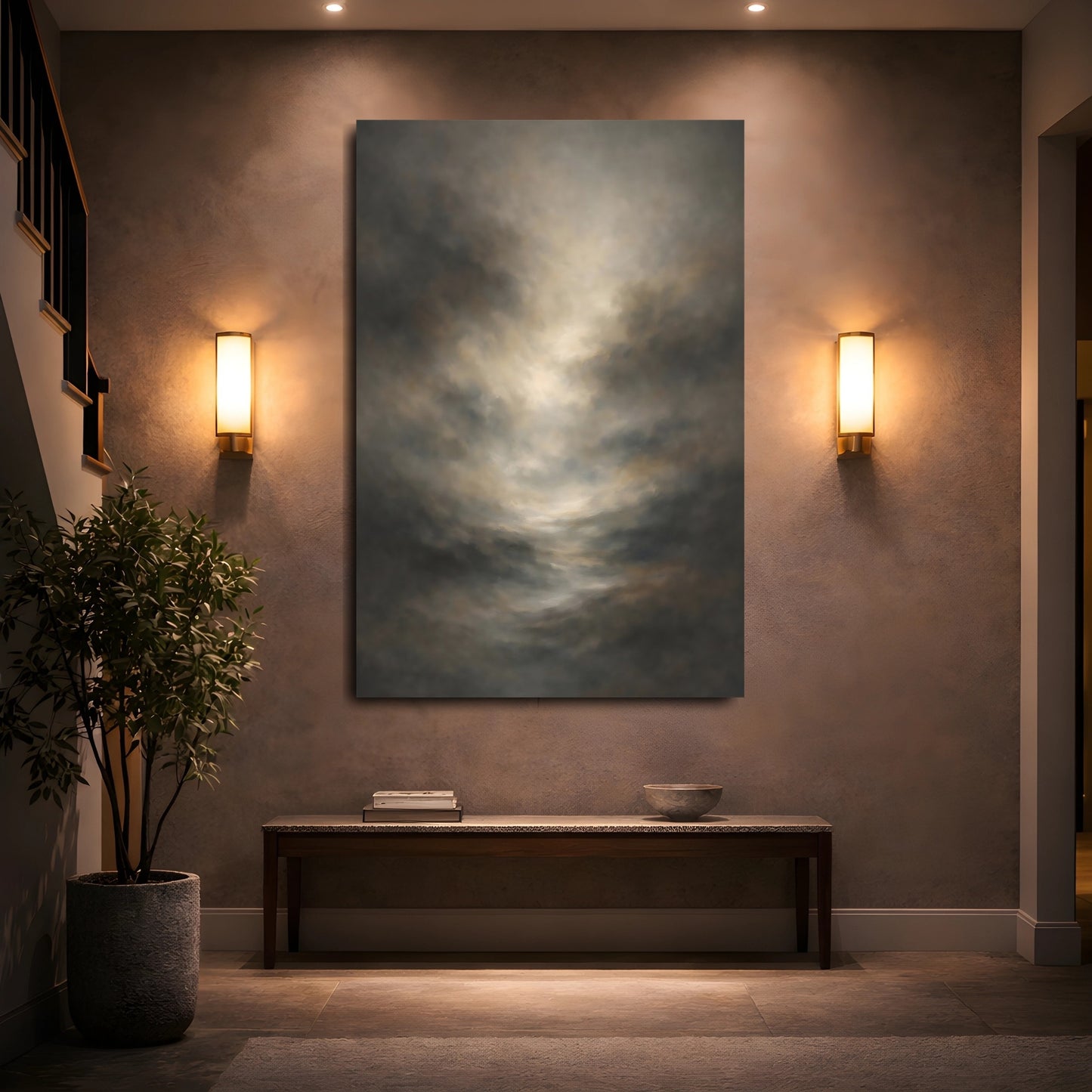 Mockup 4. Abstract Abstract Clouds Brown Gray Abstract shown as stretched canvas wall art