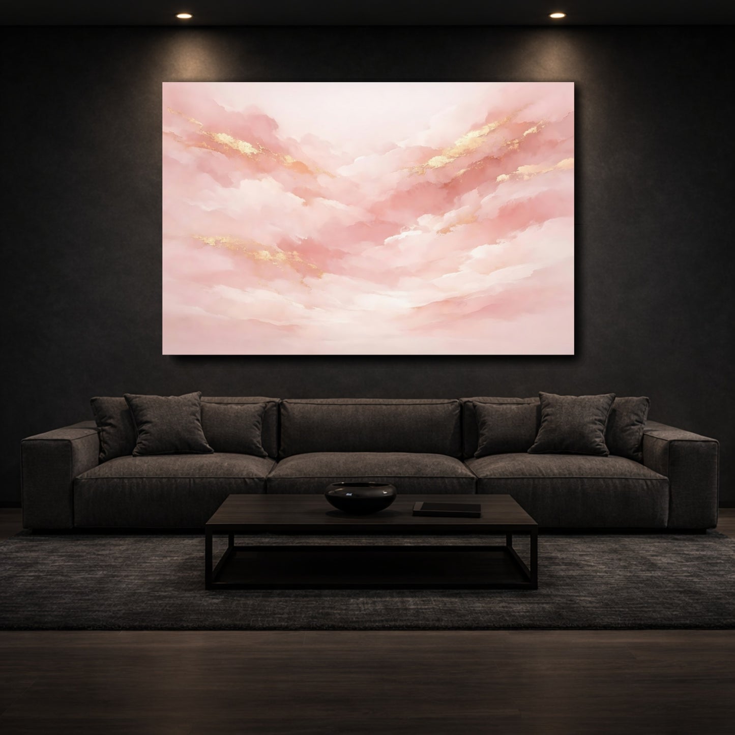 Mockup 2. Abstract Abstract Clouds Pink And Gold shown as stretched canvas wall art