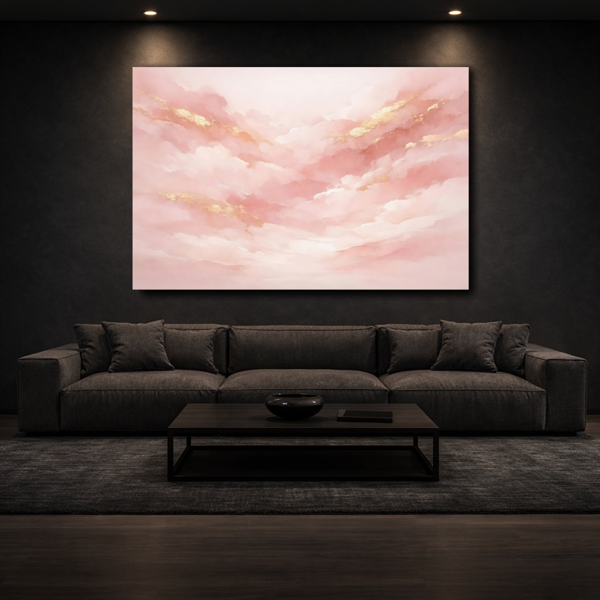 Mockup 2. Abstract Abstract Clouds Pink And Gold shown as stretched canvas wall art