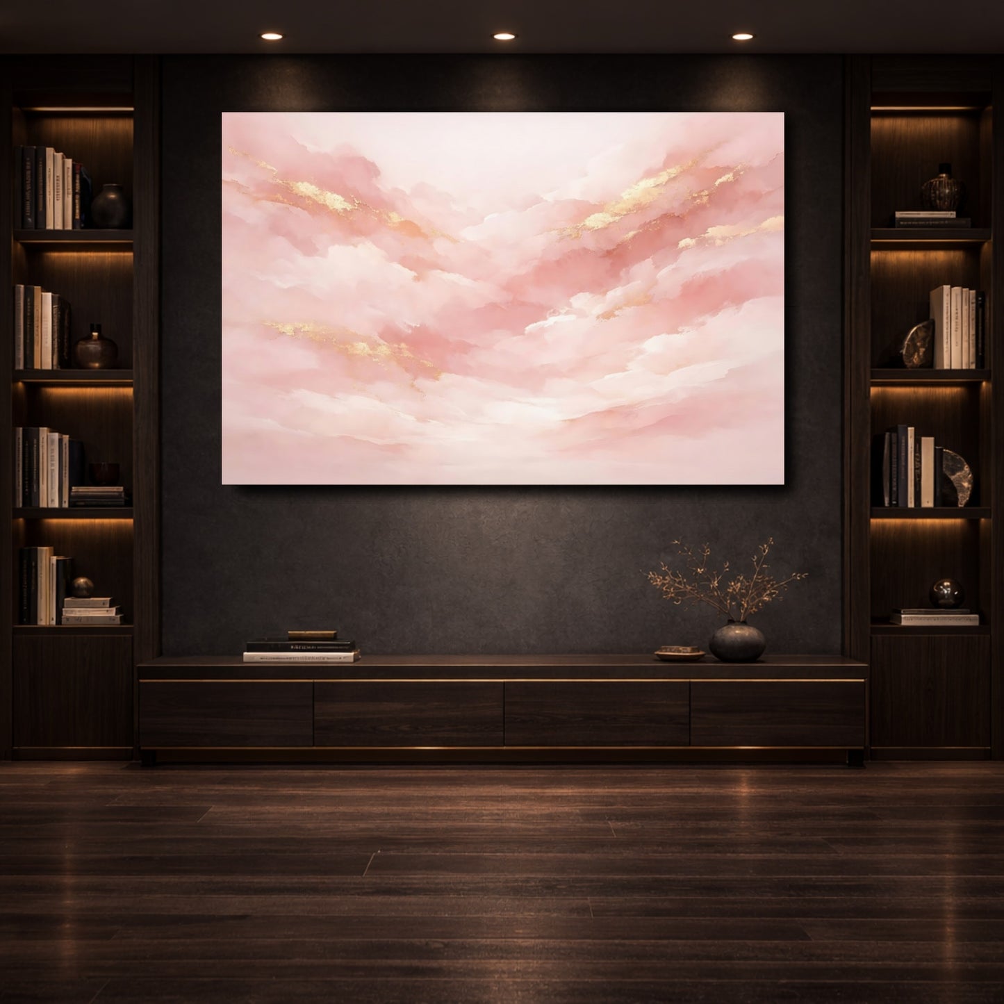Mockup 3. Abstract Abstract Clouds Pink And Gold shown as stretched canvas wall art