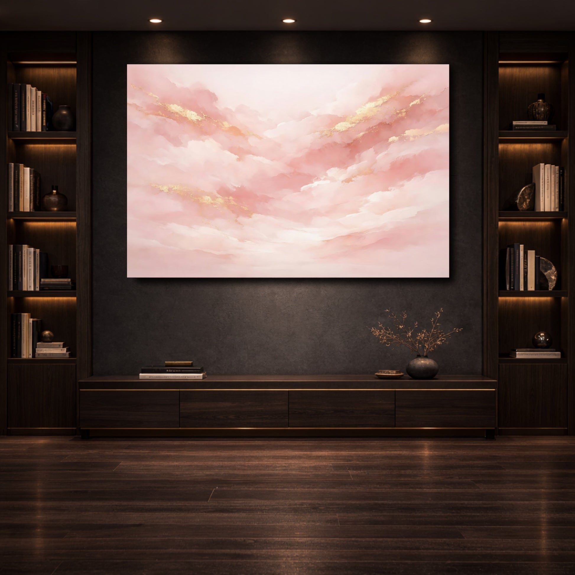 Mockup 3. Abstract Abstract Clouds Pink And Gold shown as stretched canvas wall art