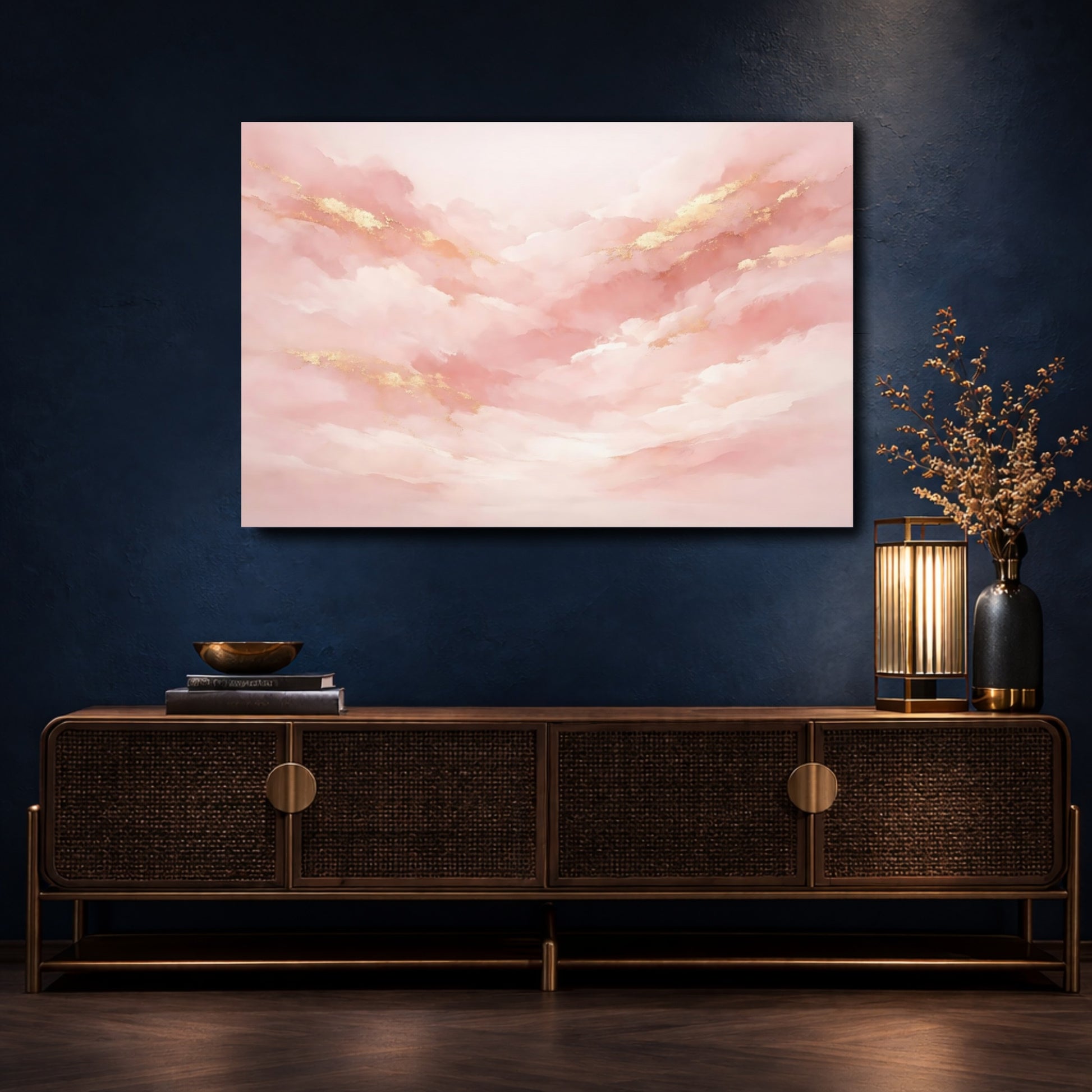 Mockup 4. Abstract Abstract Clouds Pink And Gold shown as stretched canvas wall art