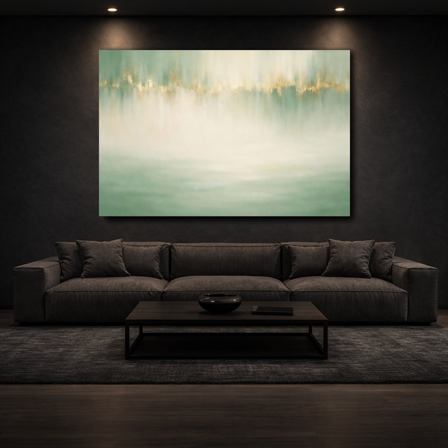 Mockup 2. Abstract Abstract Colors Green And Gold shown as stretched canvas wall art