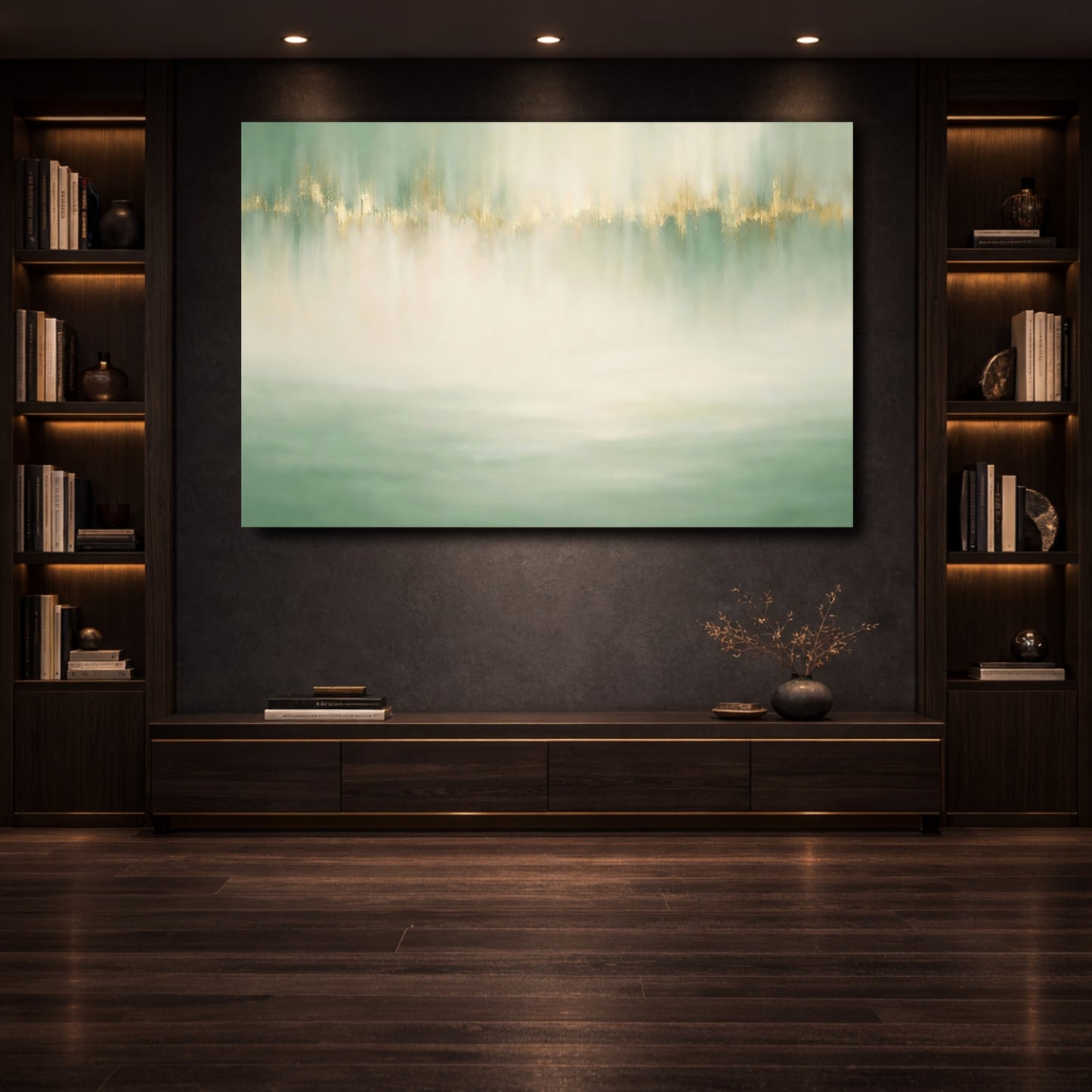 Mockup 3. Abstract Abstract Colors Green And Gold shown as stretched canvas wall art