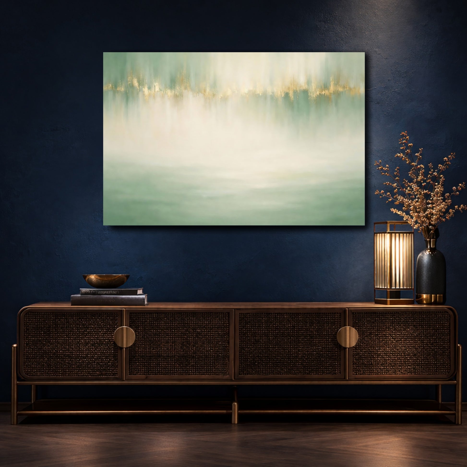 Mockup 4. Abstract Abstract Colors Green And Gold shown as stretched canvas wall art