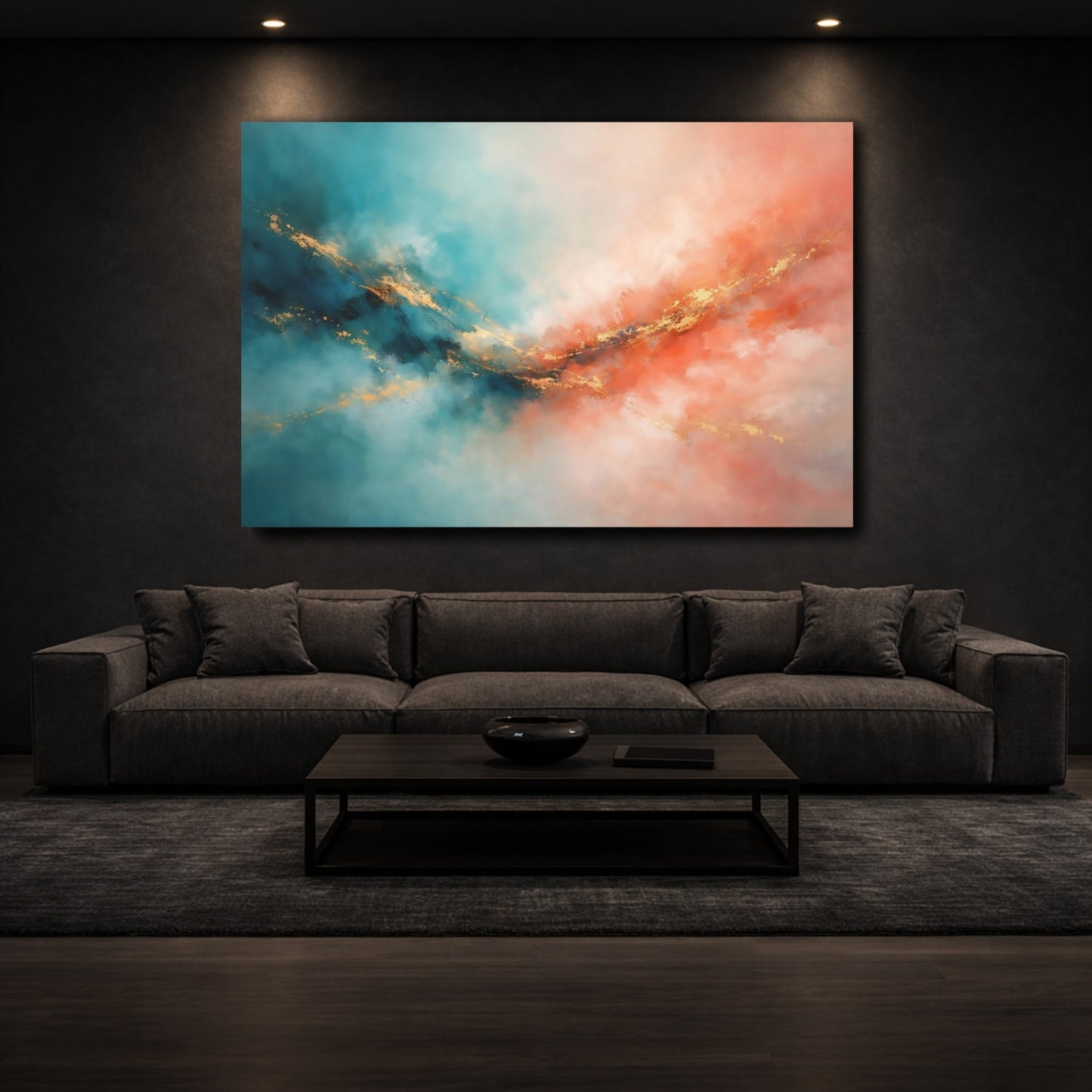 Mockup 2. Abstract Abstract Colors Teal Orange Gold shown as stretched canvas wall art