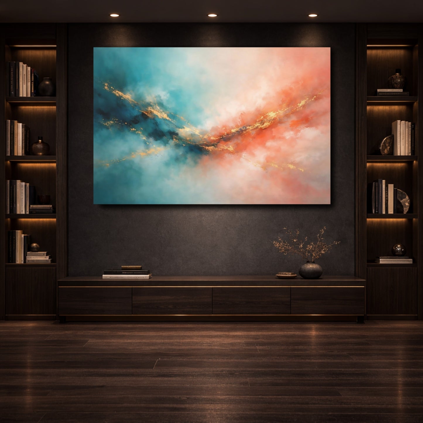 Mockup 3. Abstract Abstract Colors Teal Orange Gold shown as stretched canvas wall art