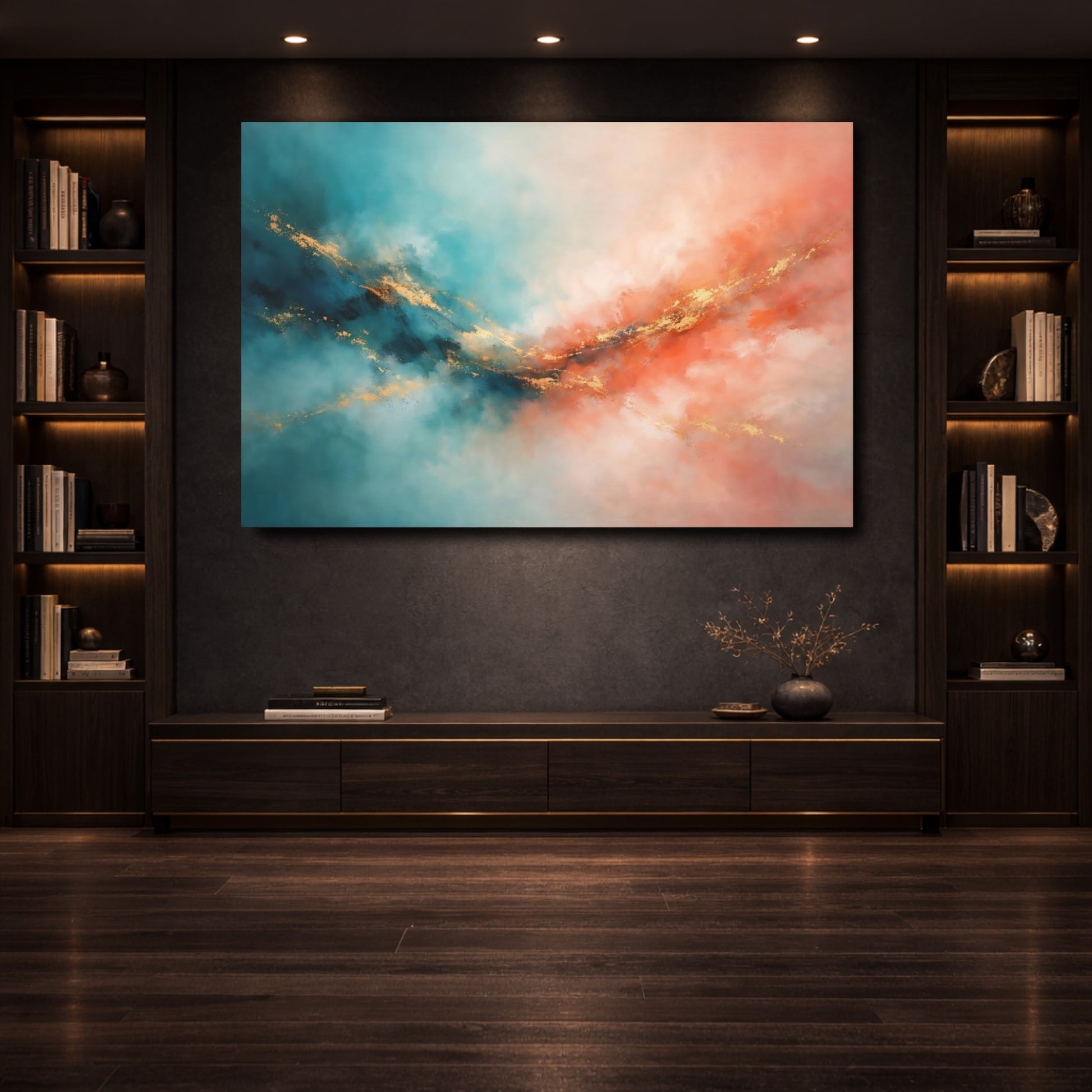Mockup 3. Abstract Abstract Colors Teal Orange Gold shown as stretched canvas wall art