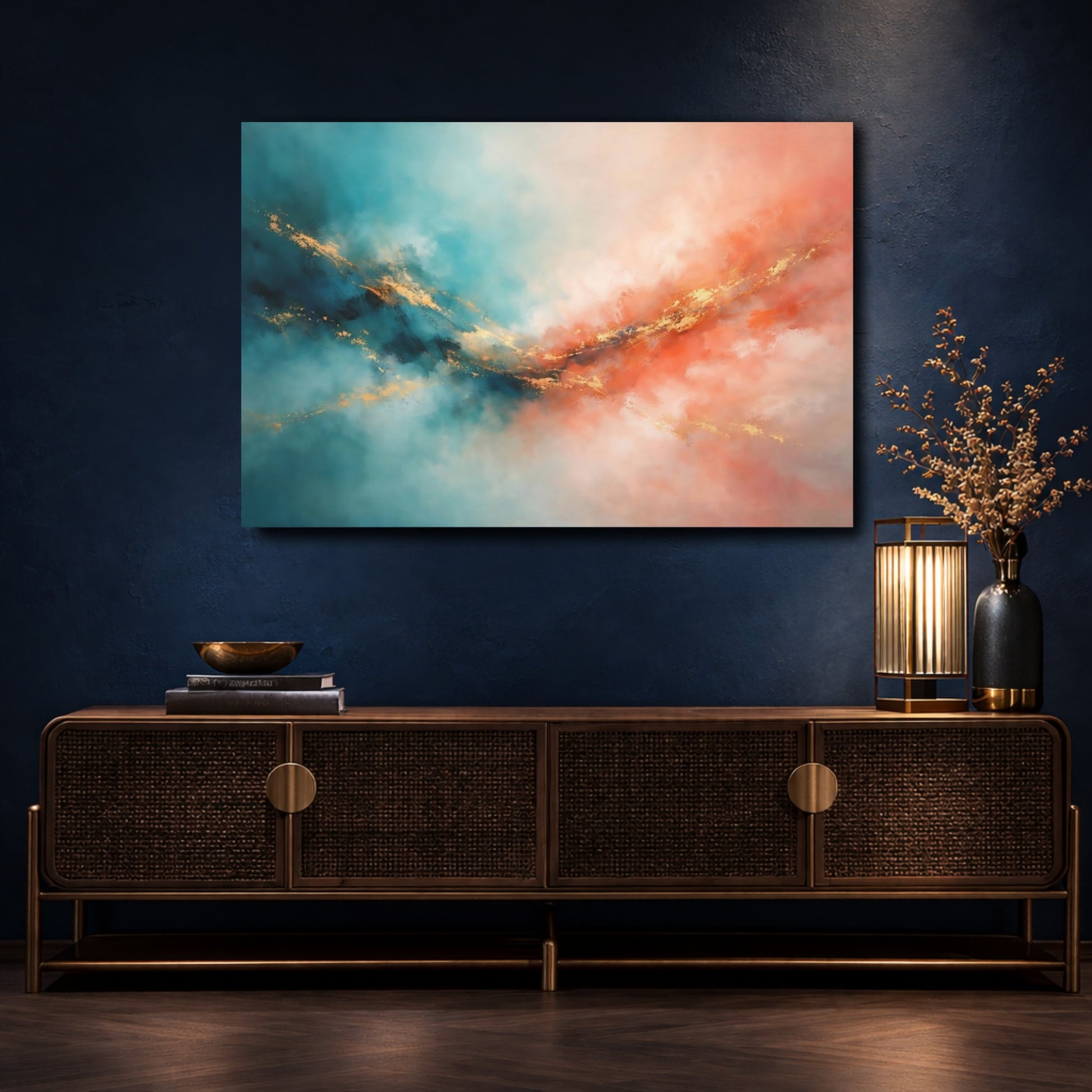 Mockup 4. Abstract Abstract Colors Teal Orange Gold shown as stretched canvas wall art