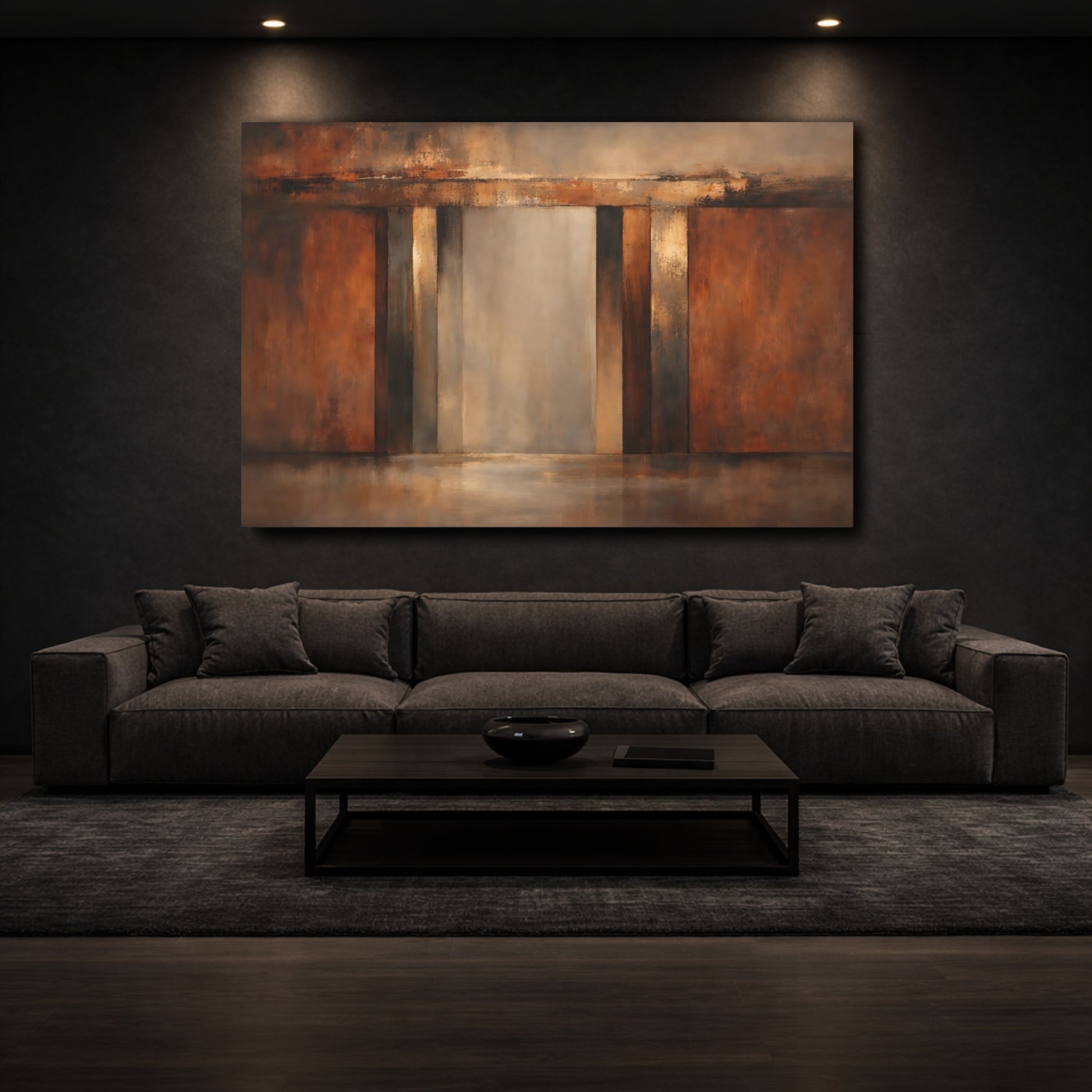 Mockup 2. Abstract Abstract Composition Brown And Gold shown as stretched canvas wall art