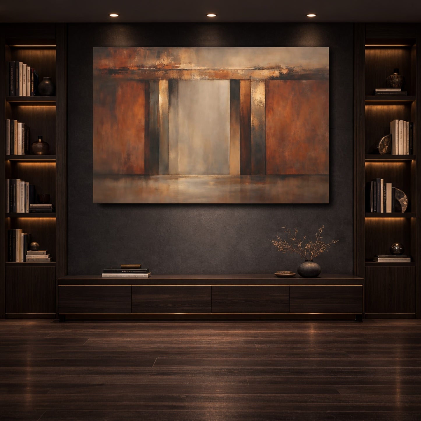 Mockup 3. Abstract Abstract Composition Brown And Gold shown as stretched canvas wall art