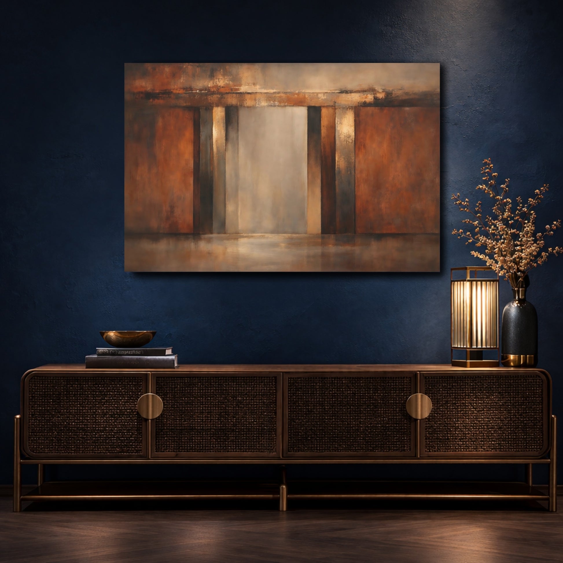 Mockup 4. Abstract Abstract Composition Brown And Gold shown as stretched canvas wall art