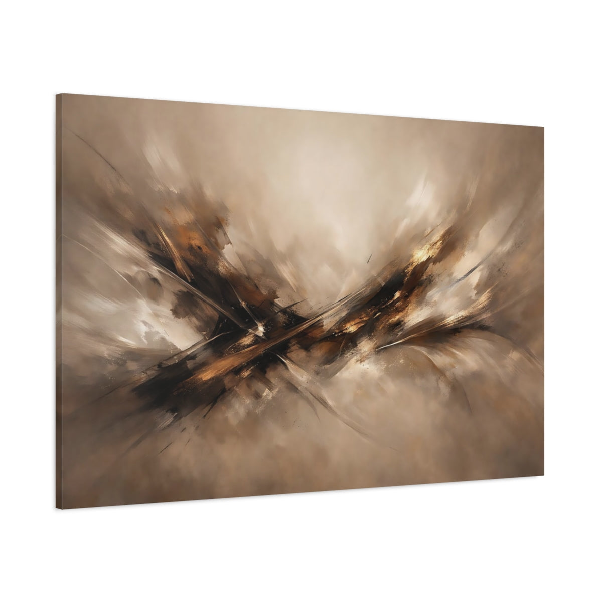 Main Mockup. Abstract Abstract Composition Brown Gold Abstract shown as stretched canvas wall art