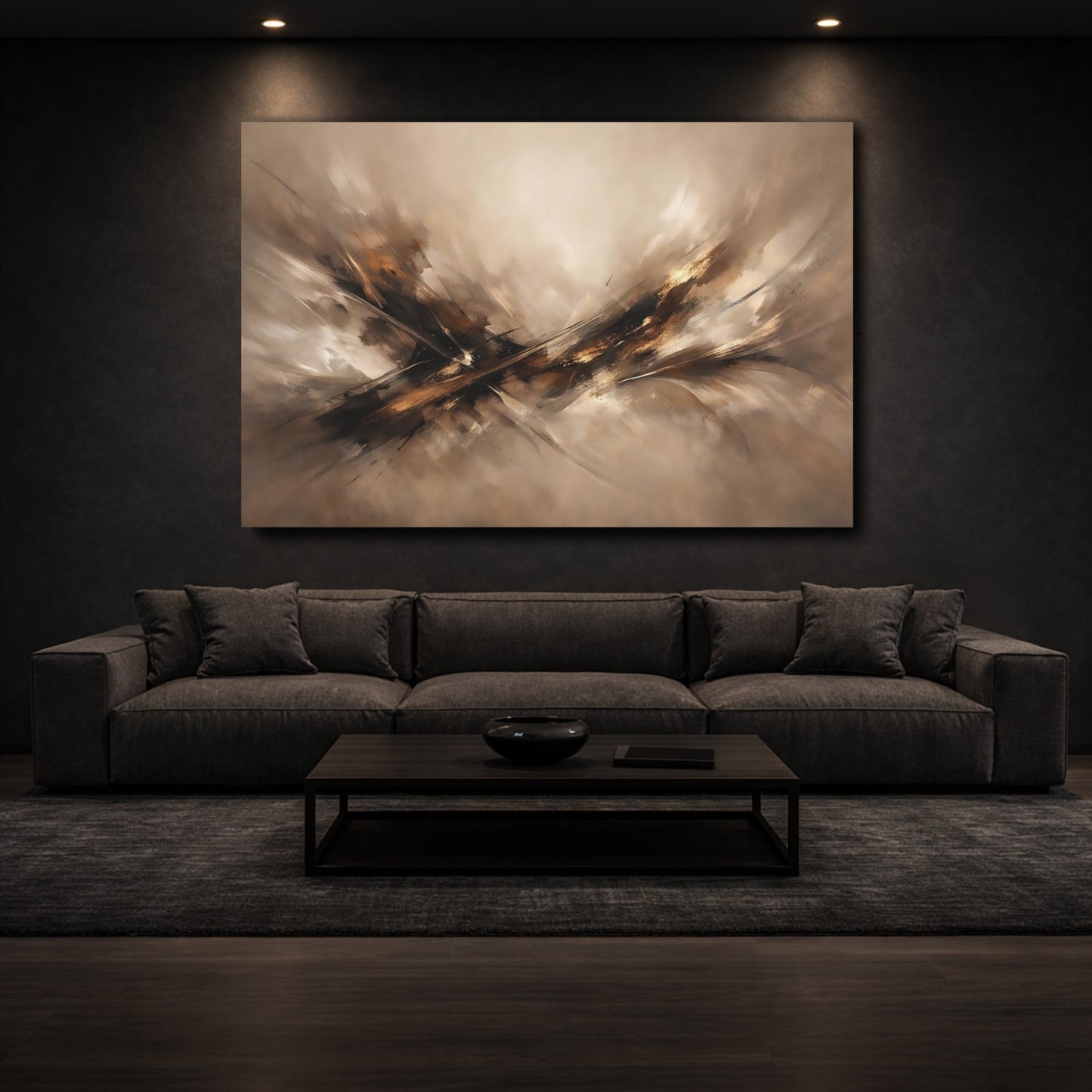 Mockup 2. Abstract Abstract Composition Brown Gold Abstract shown as stretched canvas wall art
