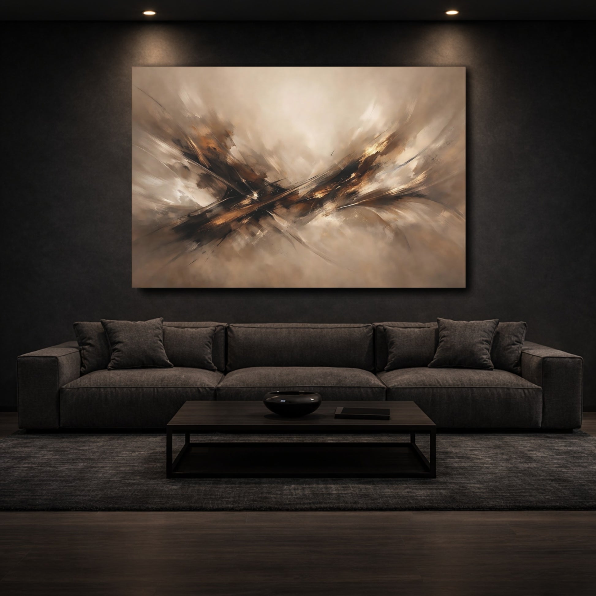 Mockup 2. Abstract Abstract Composition Brown Gold Abstract shown as stretched canvas wall art