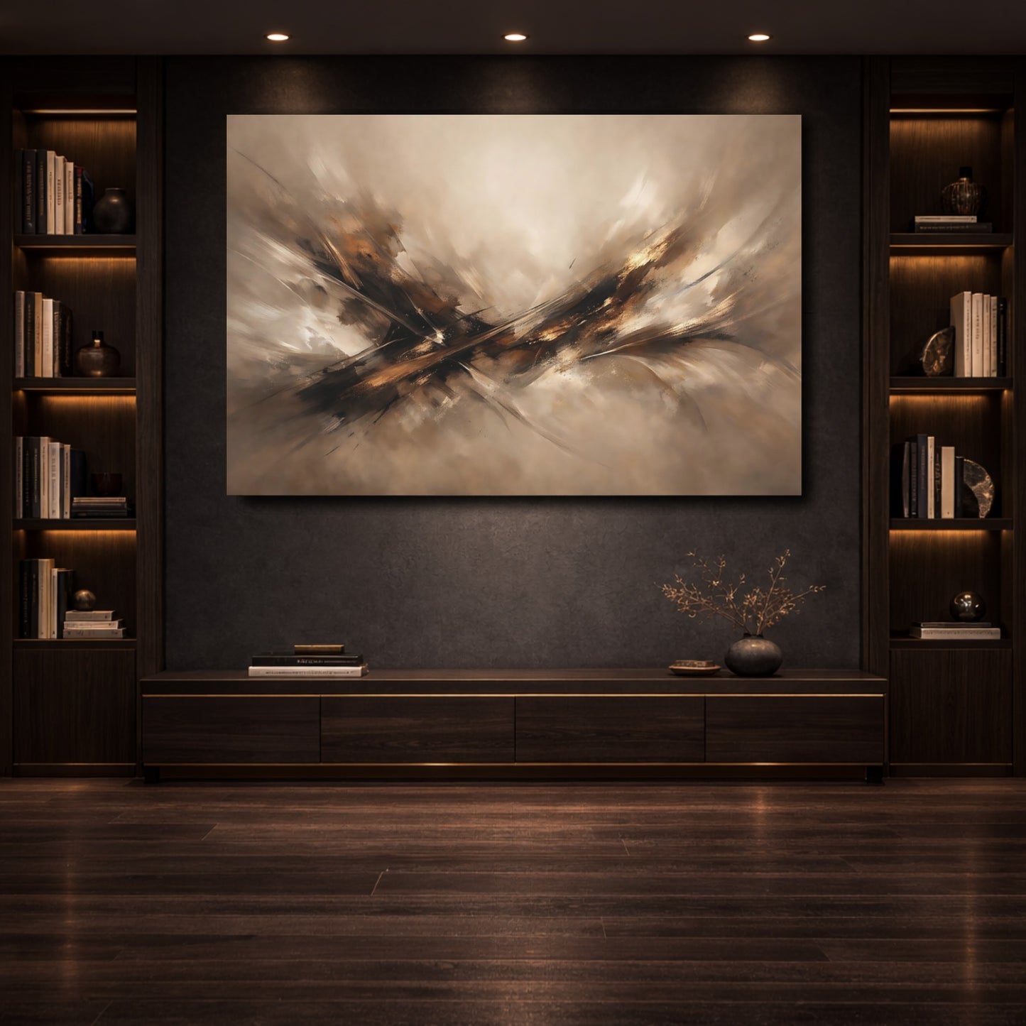Mockup 3. Abstract Abstract Composition Brown Gold Abstract shown as stretched canvas wall art