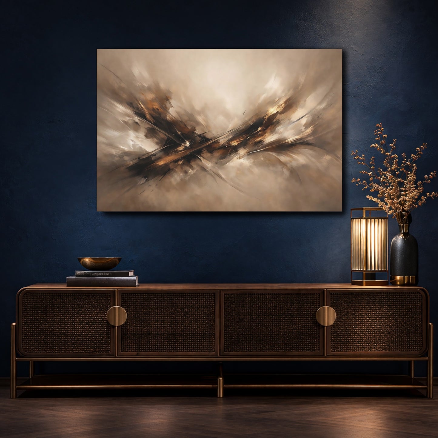 Mockup 4. Abstract Abstract Composition Brown Gold Abstract shown as stretched canvas wall art