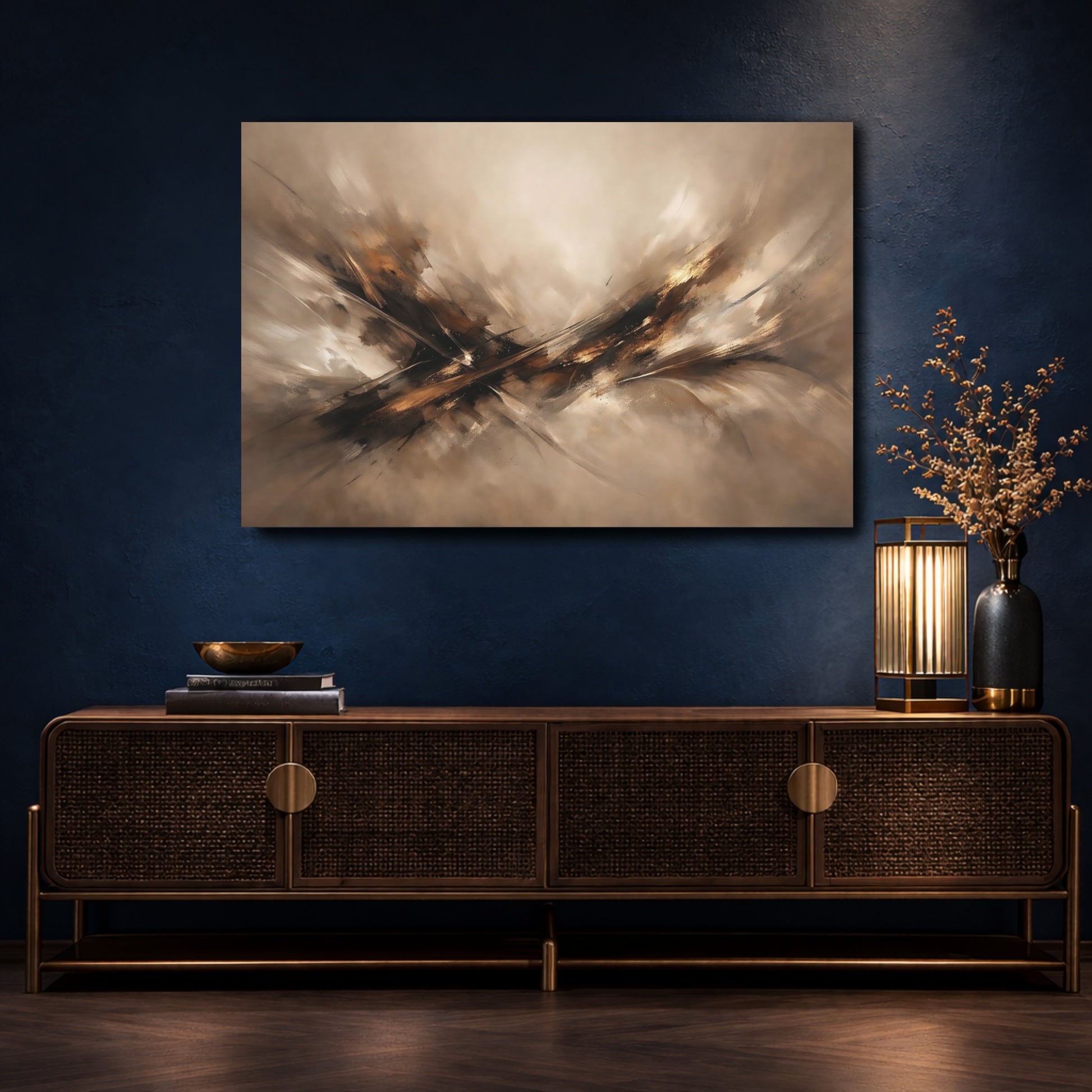 Mockup 4. Abstract Abstract Composition Brown Gold Abstract shown as stretched canvas wall art