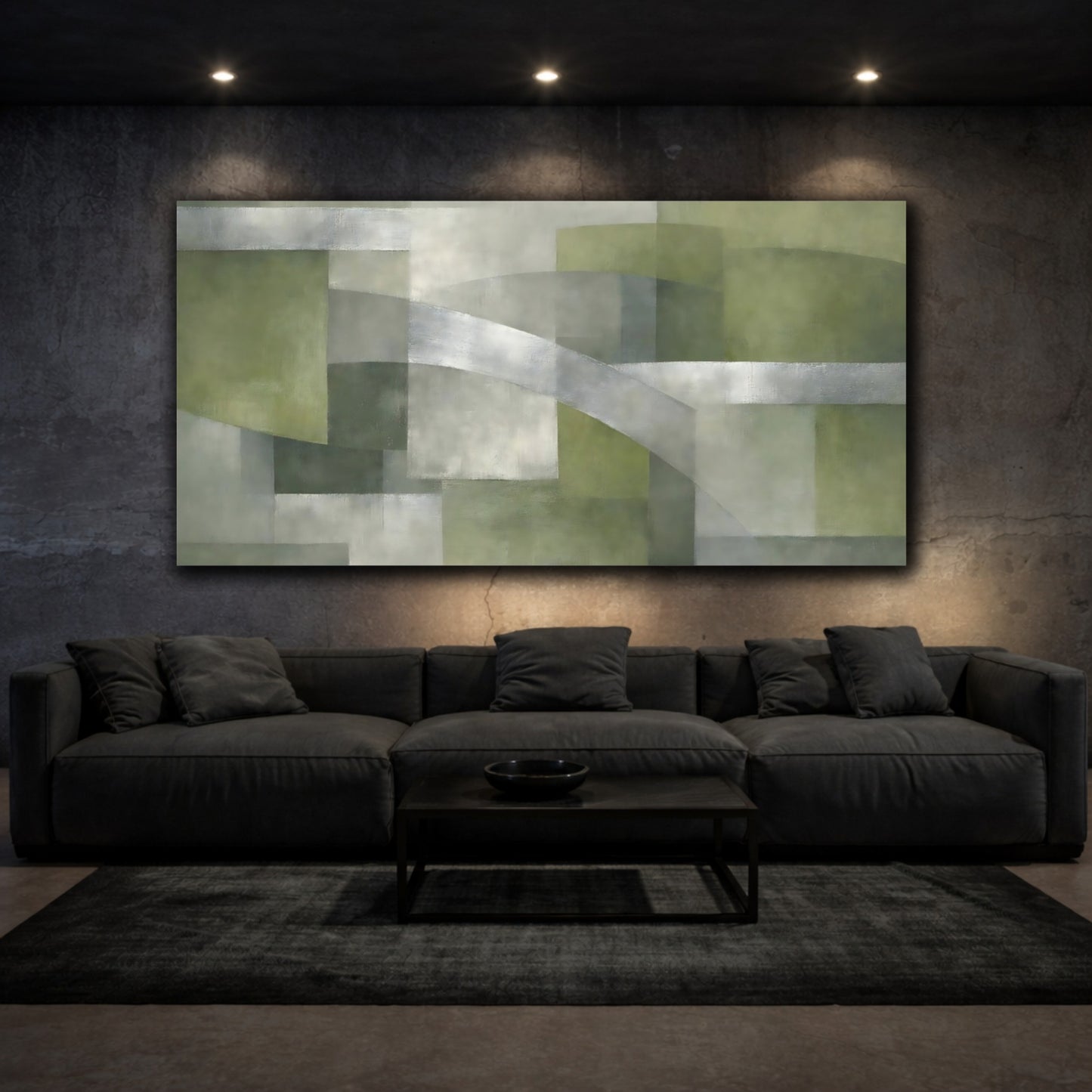 Mockup 2. Abstract Abstract Composition Green And Grey shown as stretched canvas wall art