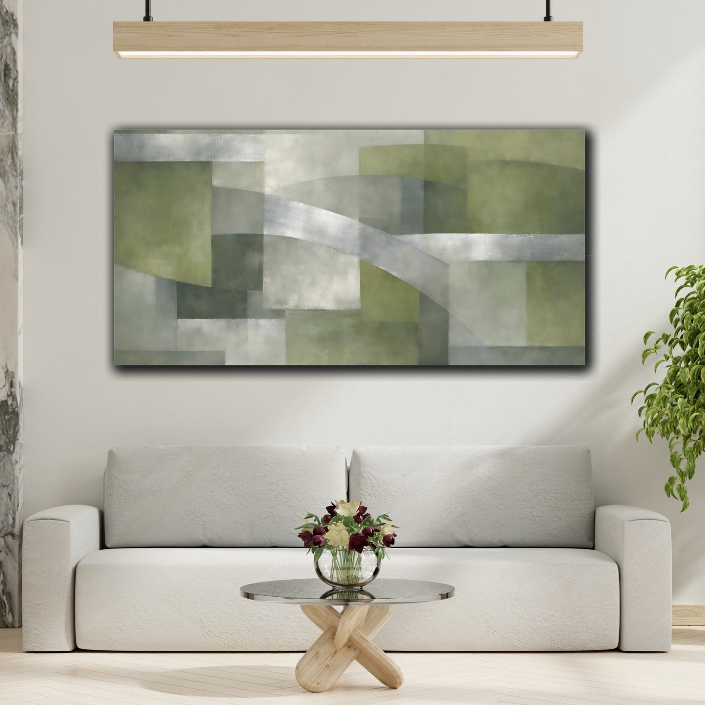 Mockup 3. Abstract Abstract Composition Green And Grey shown as stretched canvas wall art