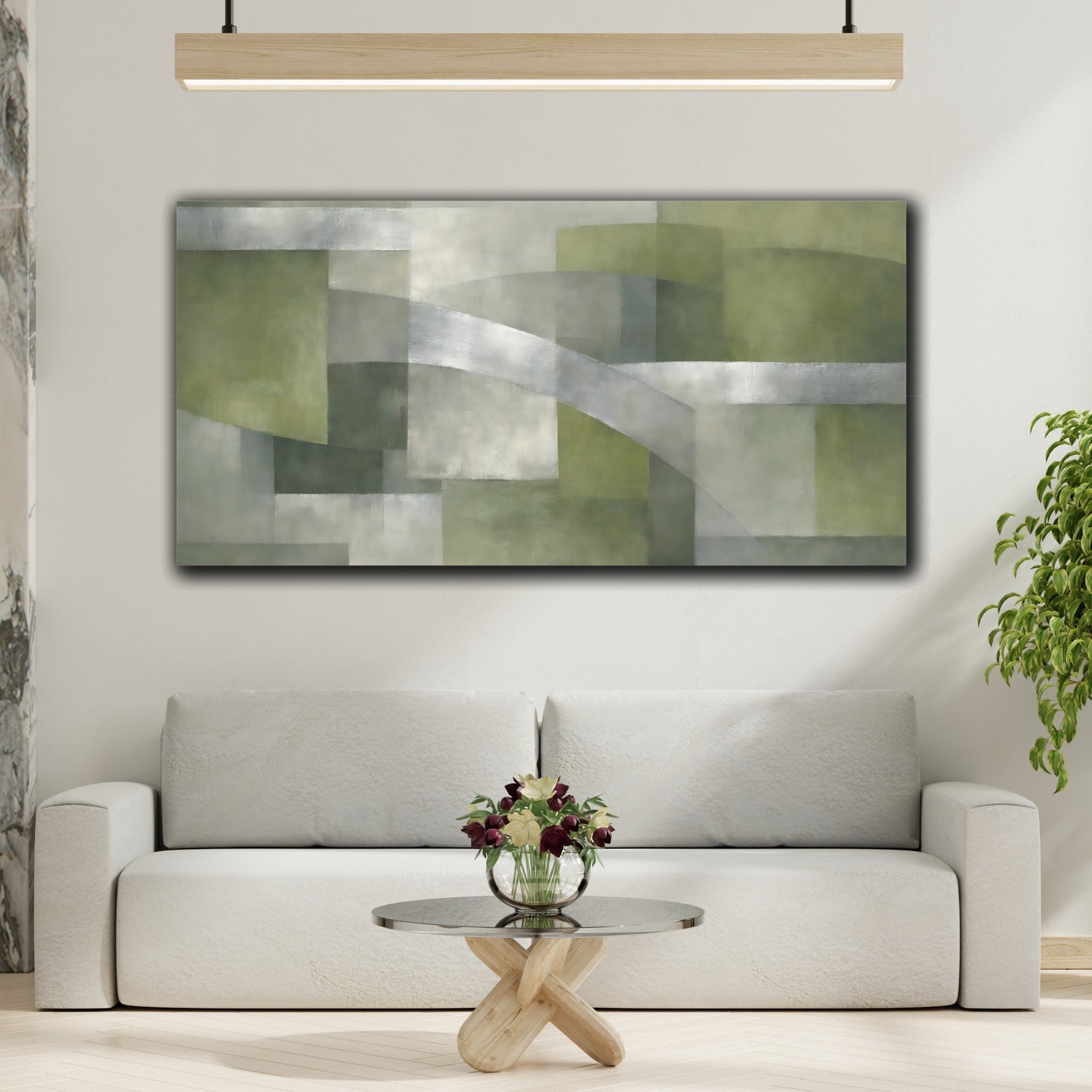 Mockup 3. Abstract Abstract Composition Green And Grey shown as stretched canvas wall art