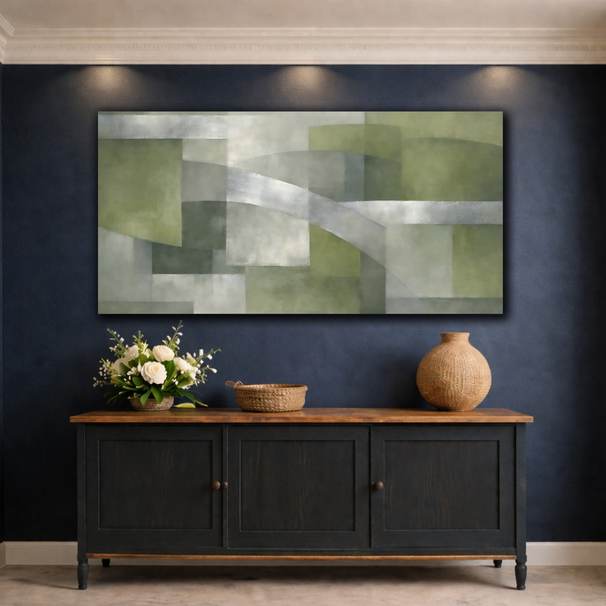 Mockup 4. Abstract Abstract Composition Green And Grey shown as stretched canvas wall art