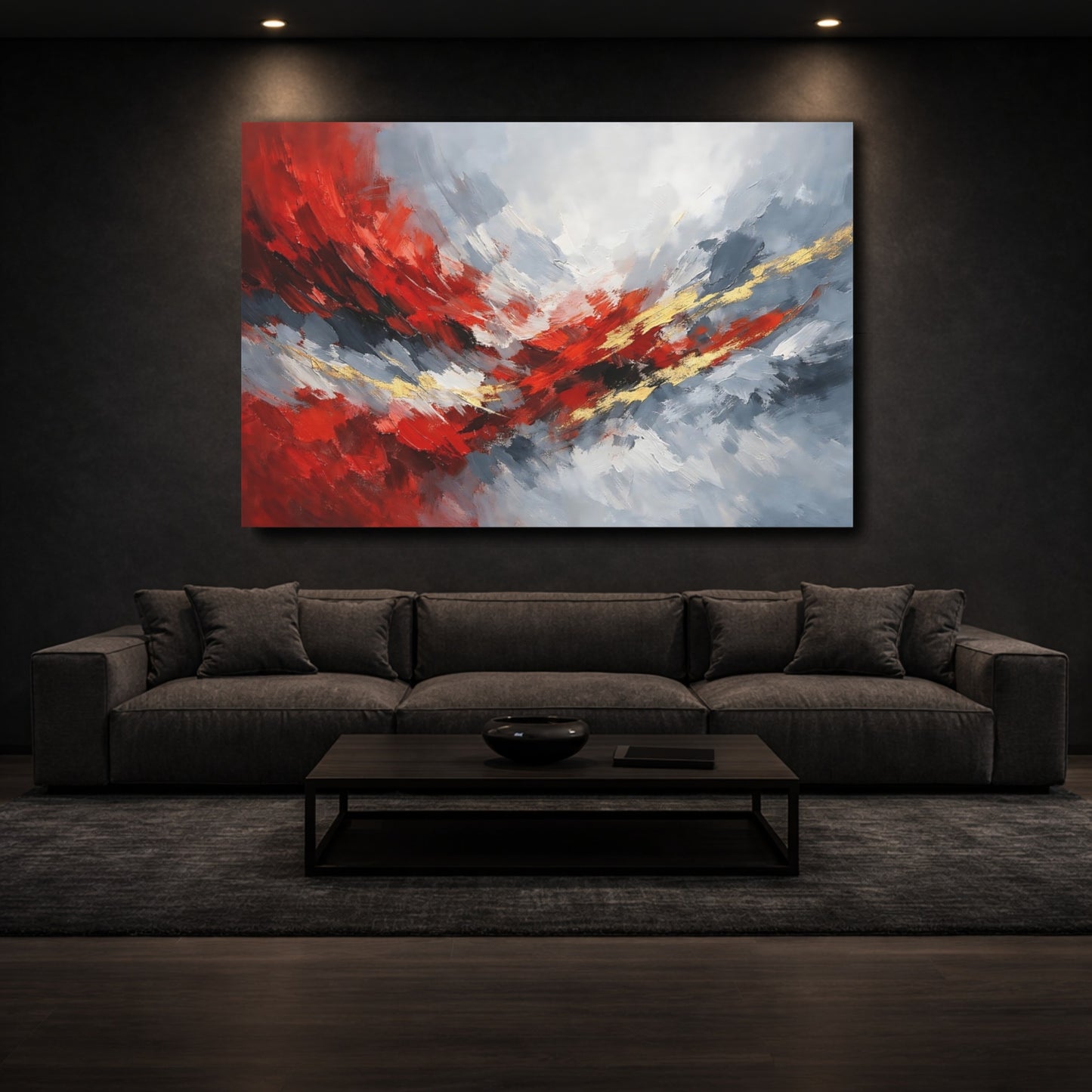 Mockup 2. Abstract Abstract Composition Red Grey Abstract shown as stretched canvas wall art