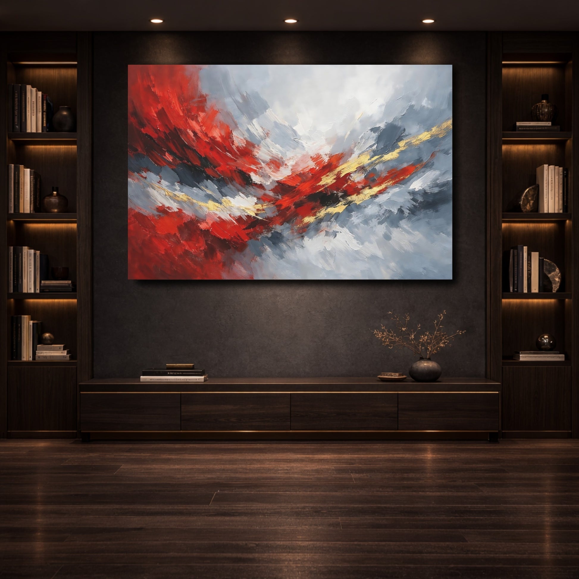 Mockup 3. Abstract Abstract Composition Red Grey Abstract shown as stretched canvas wall art