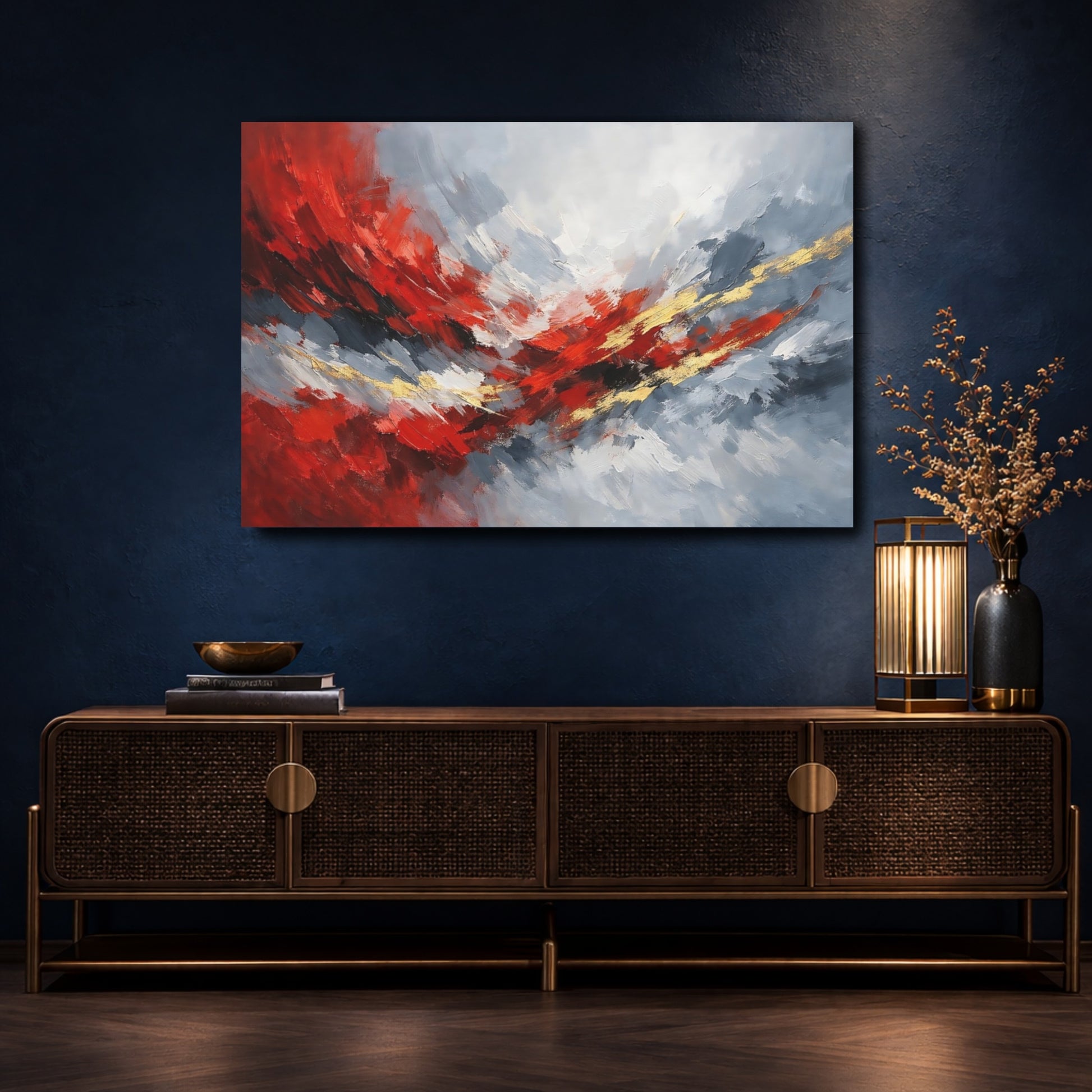 Mockup 4. Abstract Abstract Composition Red Grey Abstract shown as stretched canvas wall art