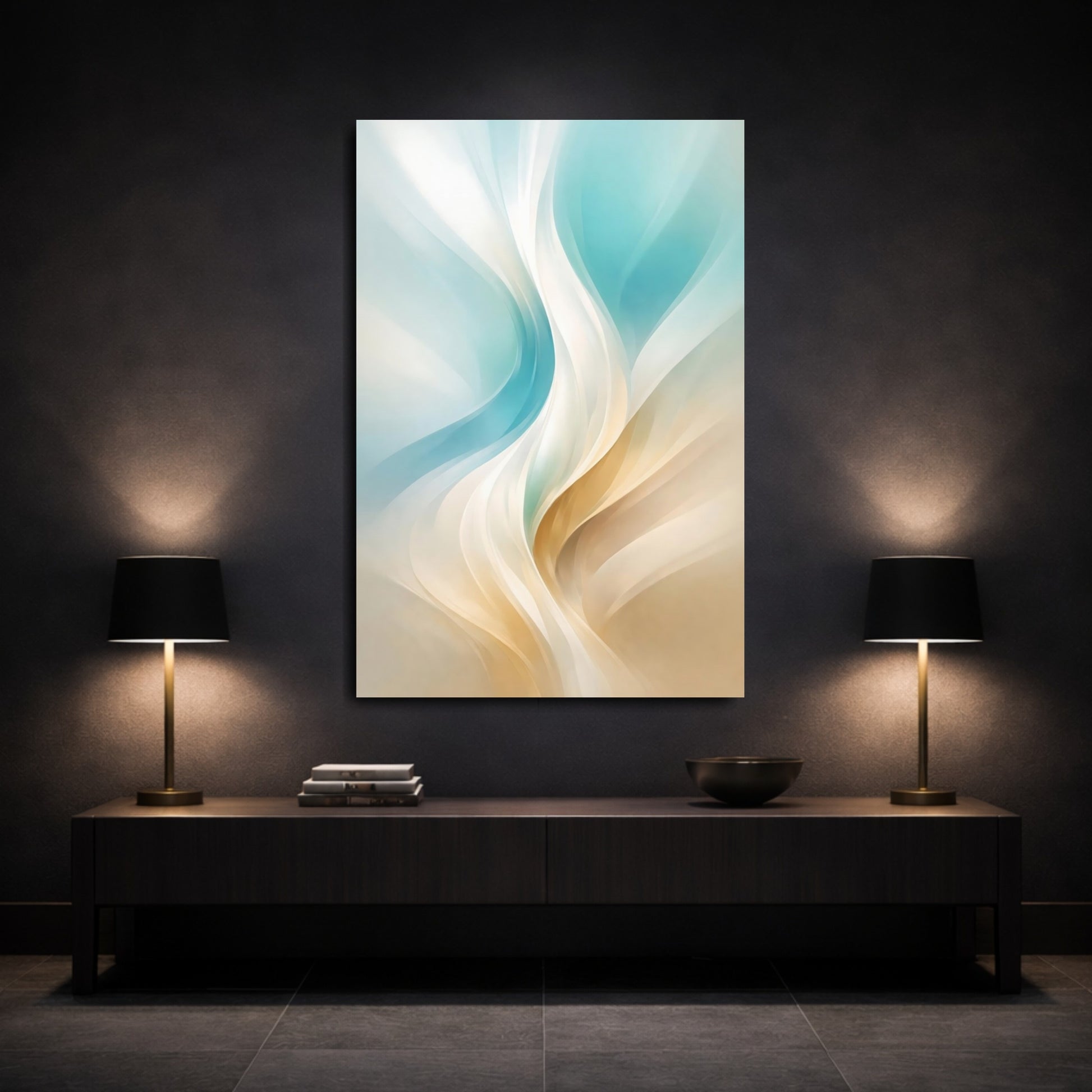 Abstract Abstract Curves Aqua Gold Abstract shown as front canvas room wall art