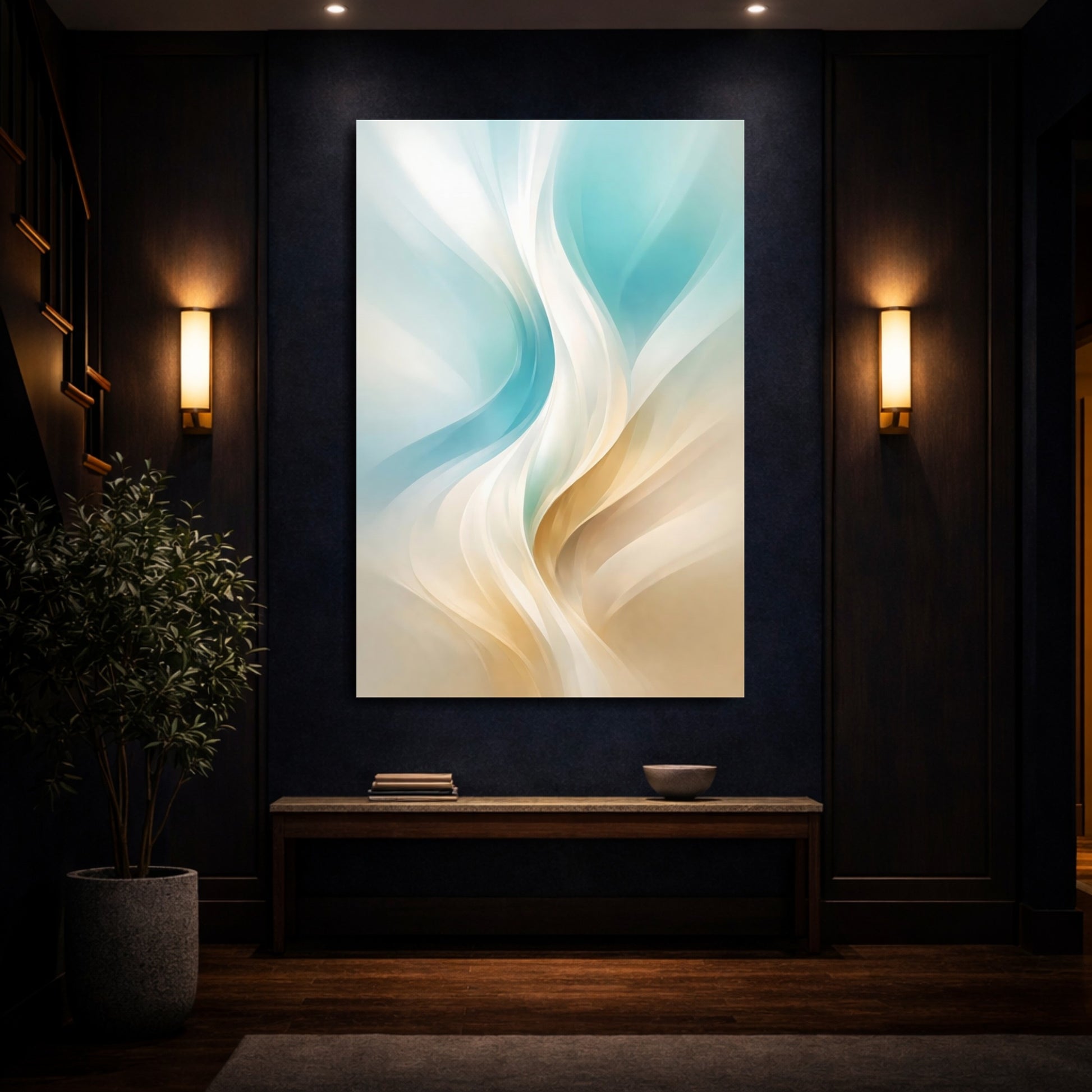 Abstract Abstract Curves Aqua Gold Abstract shown as front canvas room wall art