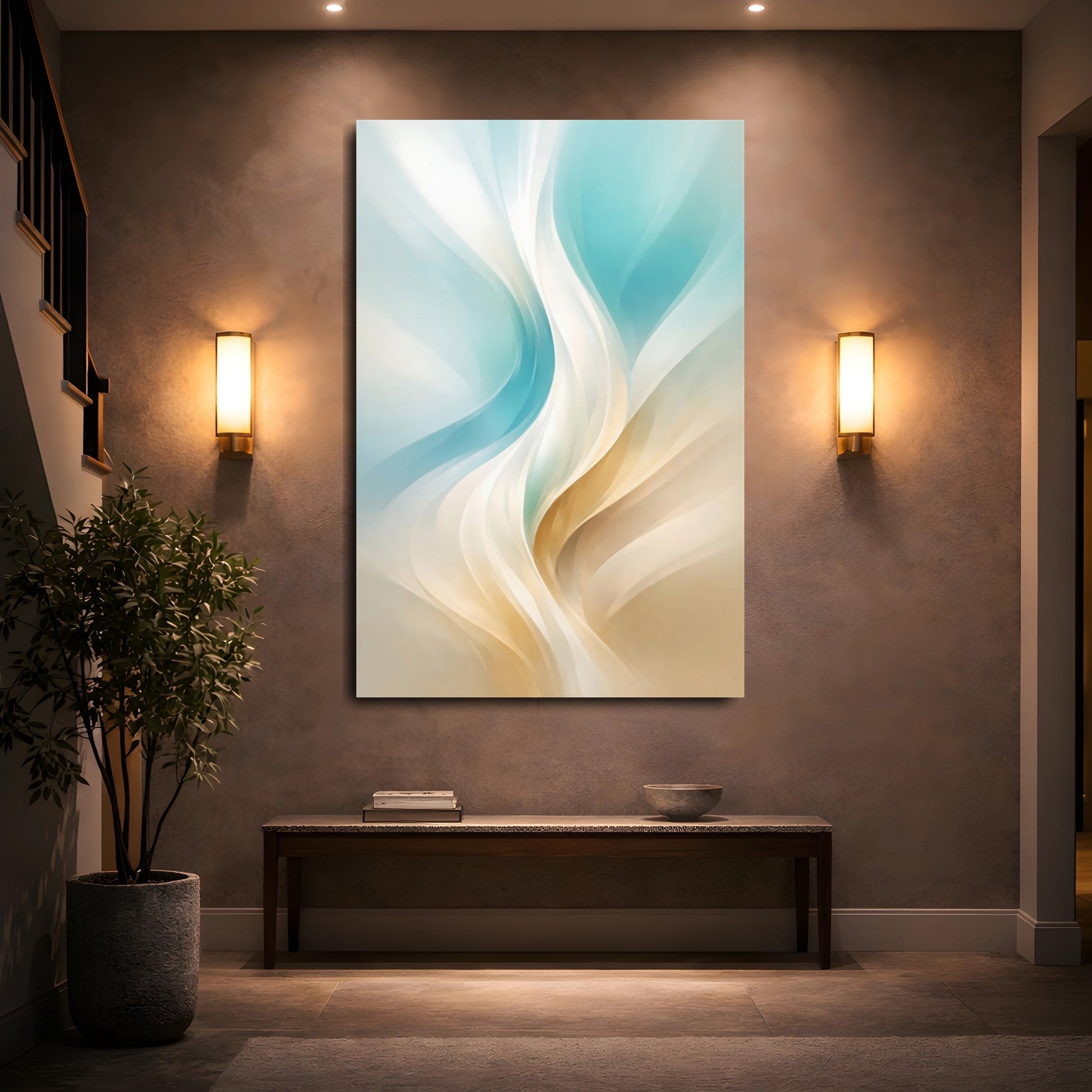Abstract Abstract Curves Aqua Gold Abstract shown as front canvas room wall art